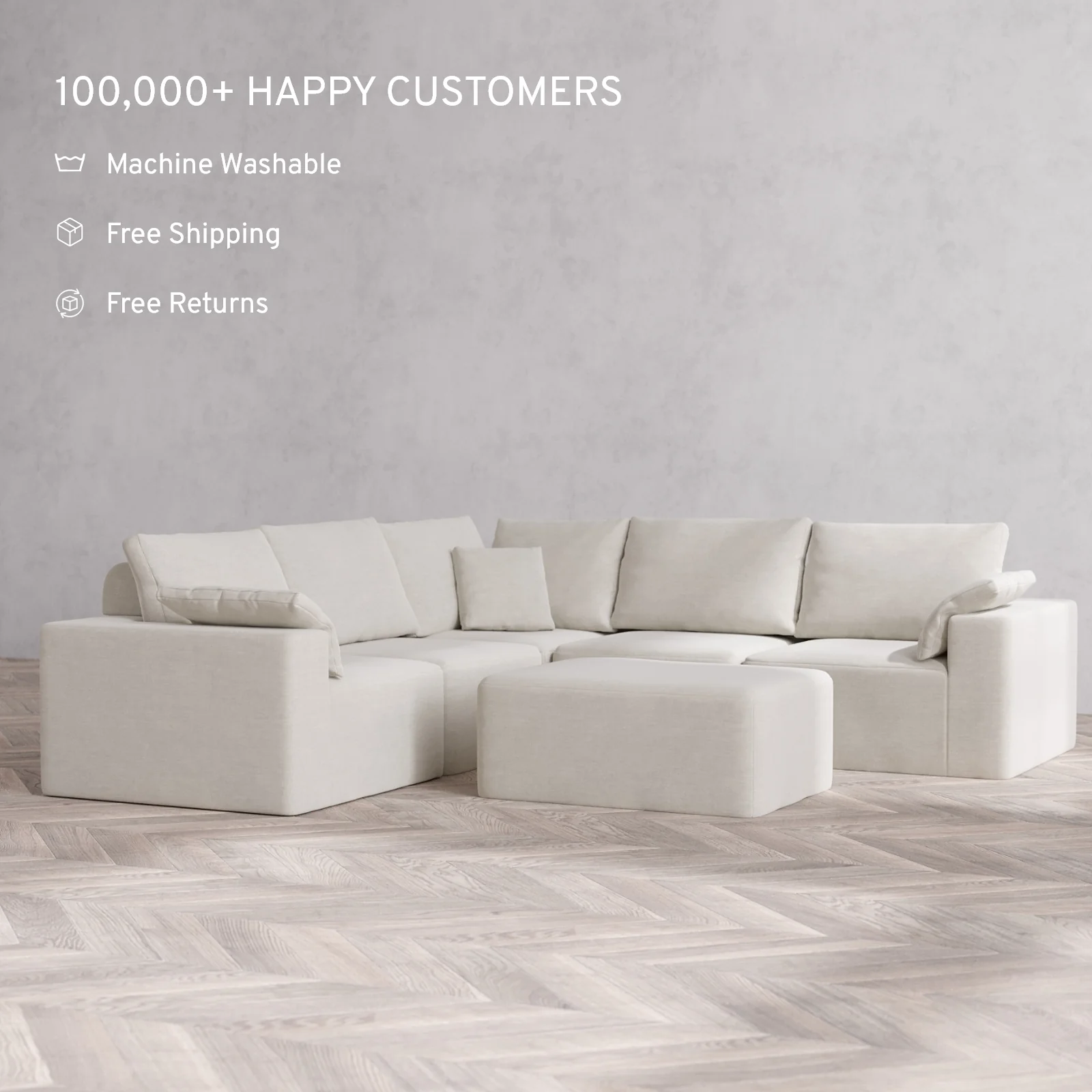 Modular Washable 5-Seater Corner Sectional + Chaise Ottoman Cloud + Bolster Sofa | Satin Velvet in Cashew - Image 2