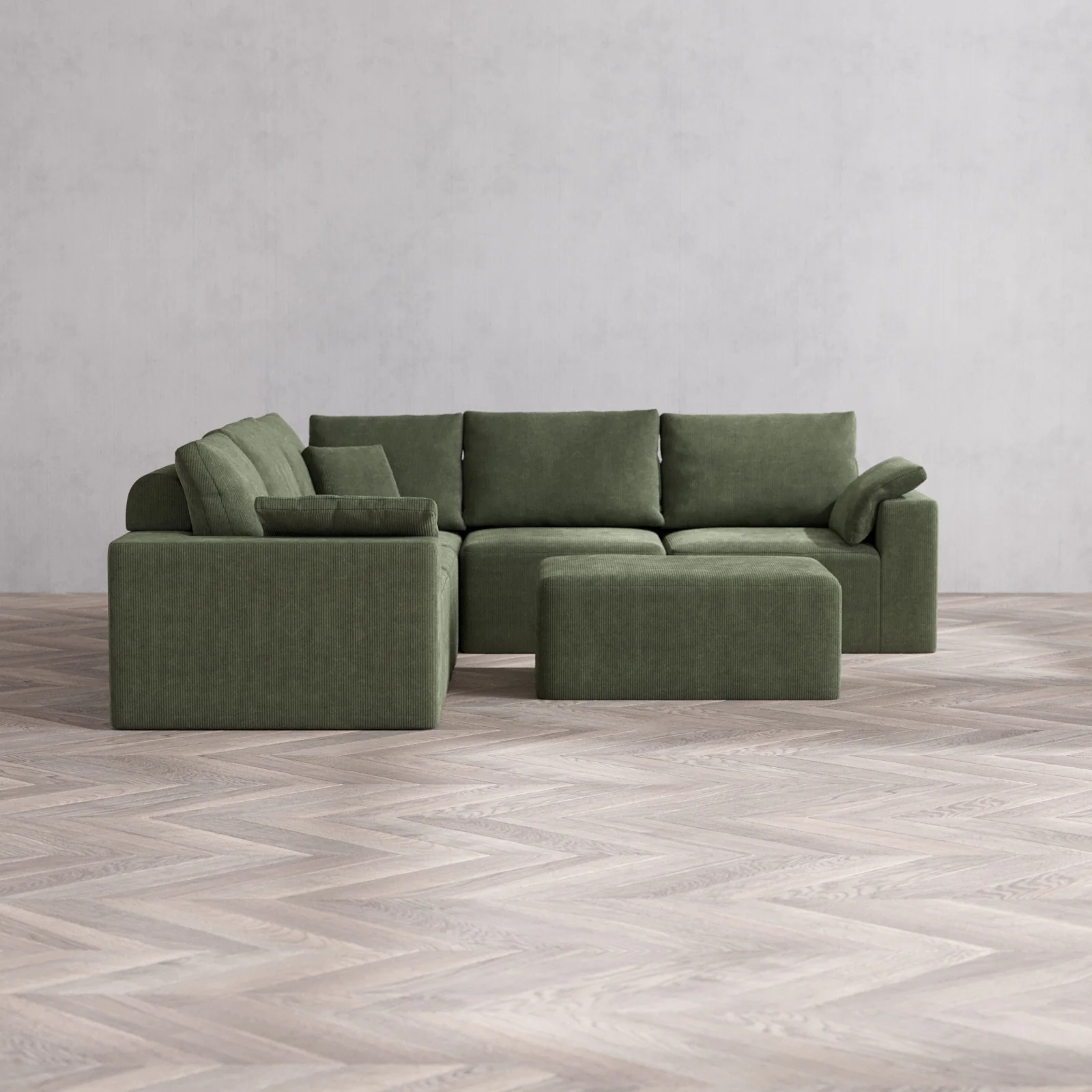 Modular Washable 5-Seater Corner Sectional + Chaise Ottoman Cloud + Bolster Sofa | Luxe Corduroy in Juniper