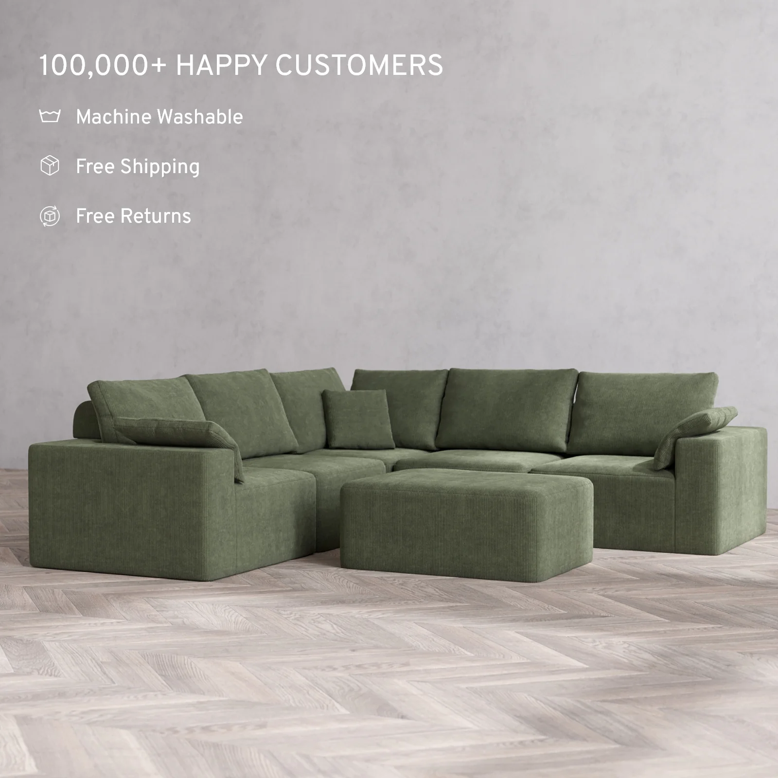 Modular Washable 5-Seater Corner Sectional + Chaise Ottoman Cloud + Bolster Sofa | Luxe Corduroy in Juniper - Image 2