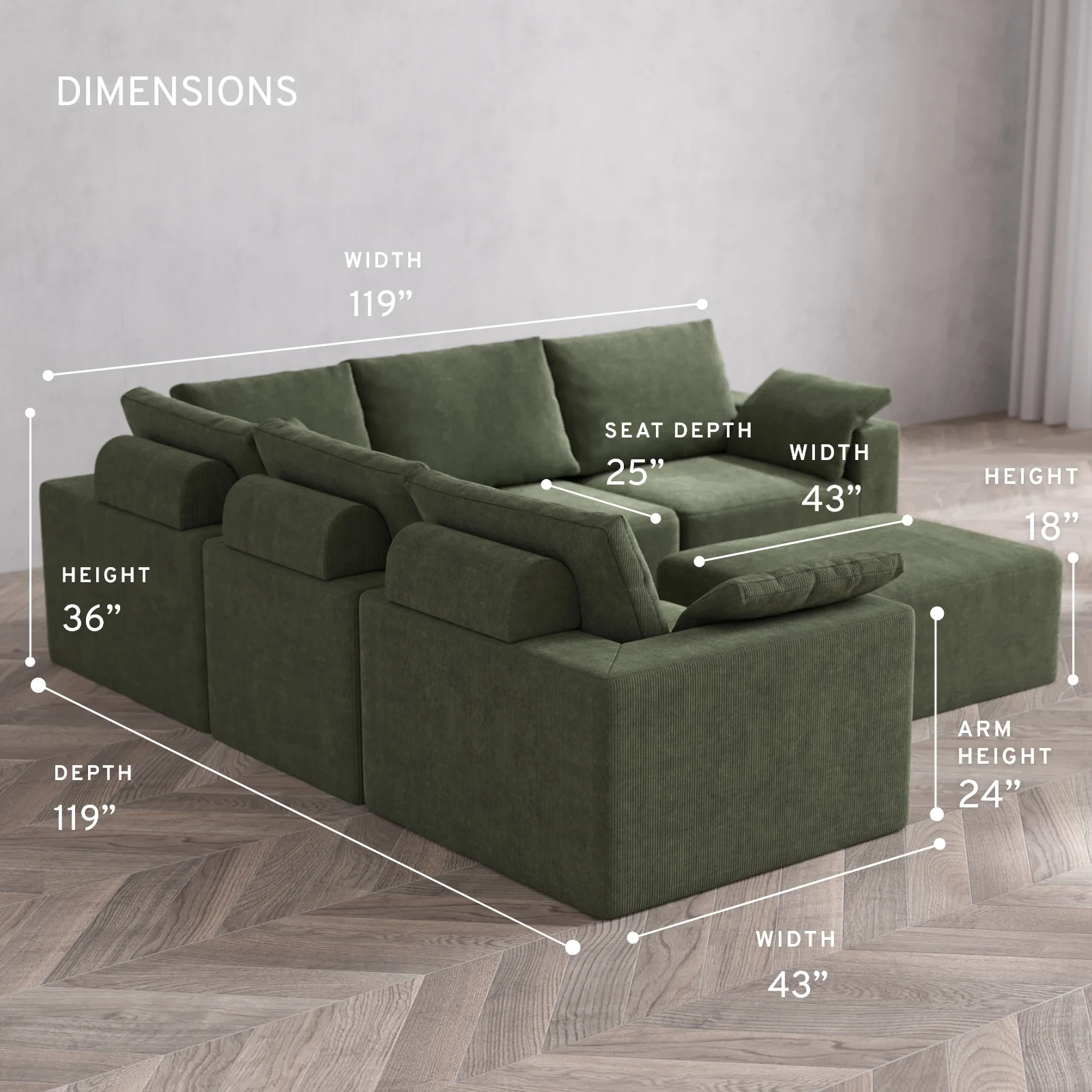 Modular Washable 5-Seater Corner Sectional + Chaise Ottoman Cloud + Bolster Sofa | Luxe Corduroy in Juniper - Image 5