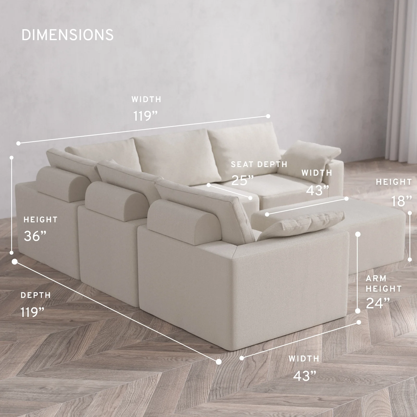 Modular Washable 5-Seater Corner Sectional + Chaise Ottoman Cloud + Bolster Sofa | Lux Weave in Pearl - Image 5