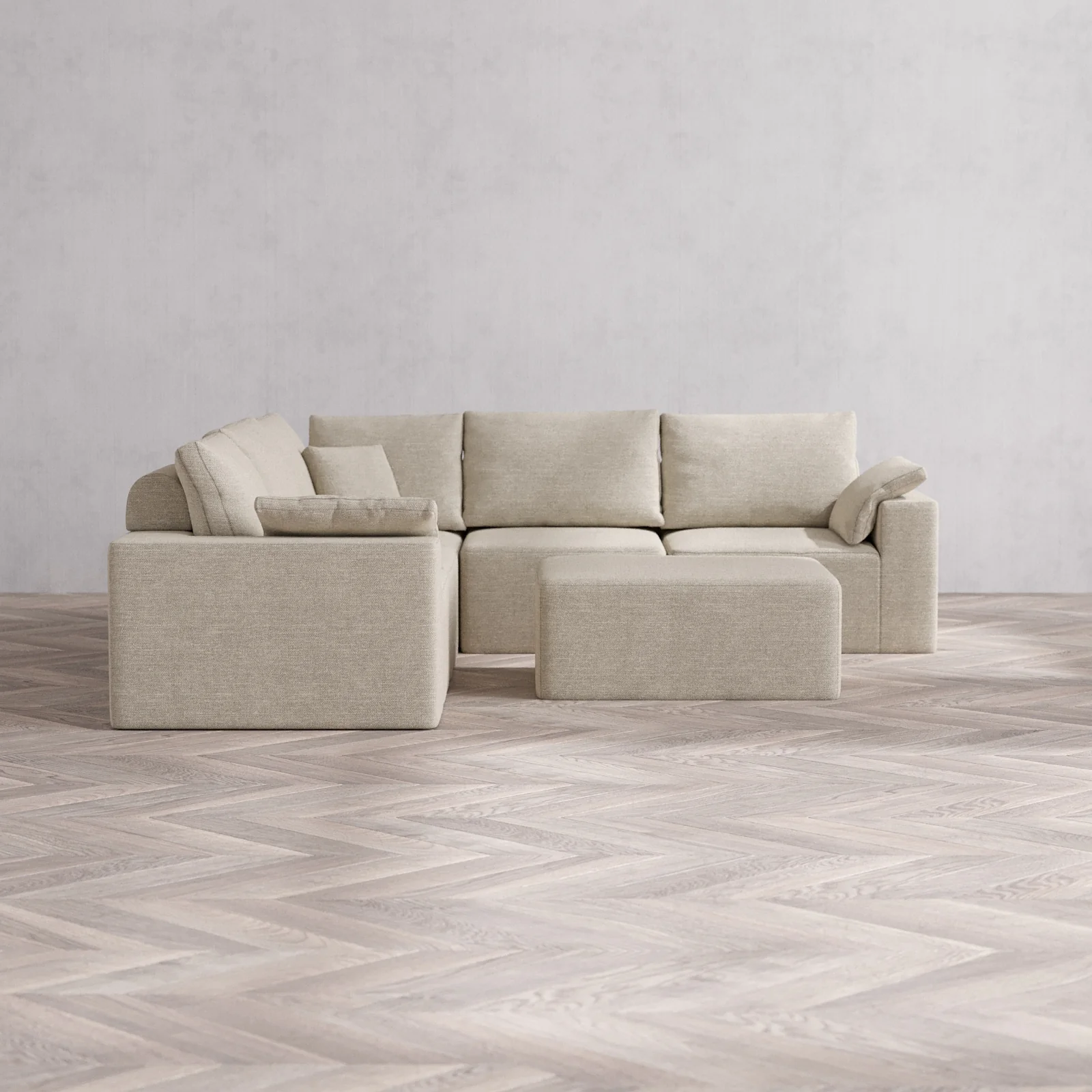 Modular Washable 5-Seater Corner Sectional + Chaise Ottoman Cloud + Bolster Sofa | Plush Twill in Sandstone