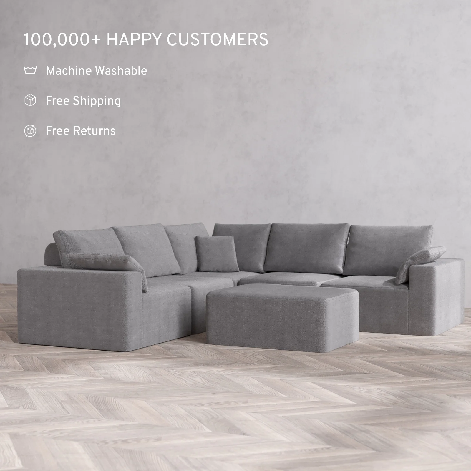 Modular Washable 5-Seater Corner Sectional + Chaise Ottoman Cloud + Bolster Sofa | Lux Weave in Slate - Image 2