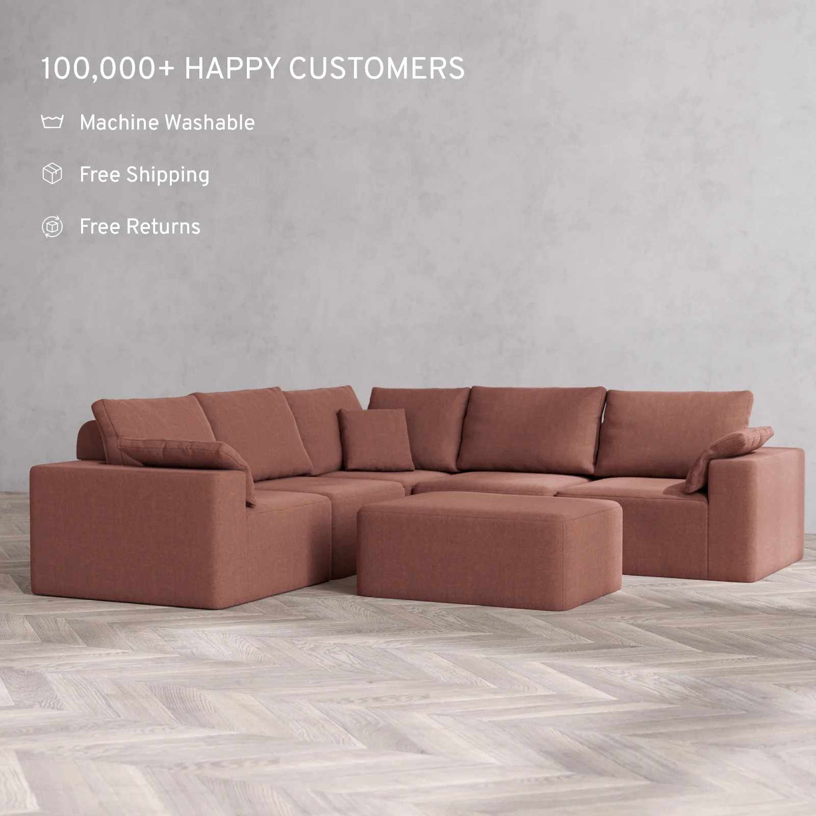 Modular Washable 5-Seater Corner Sectional + Chaise Ottoman Cloud + Bolster Sofa | Heirloom Velvet in Sumac - Image 2