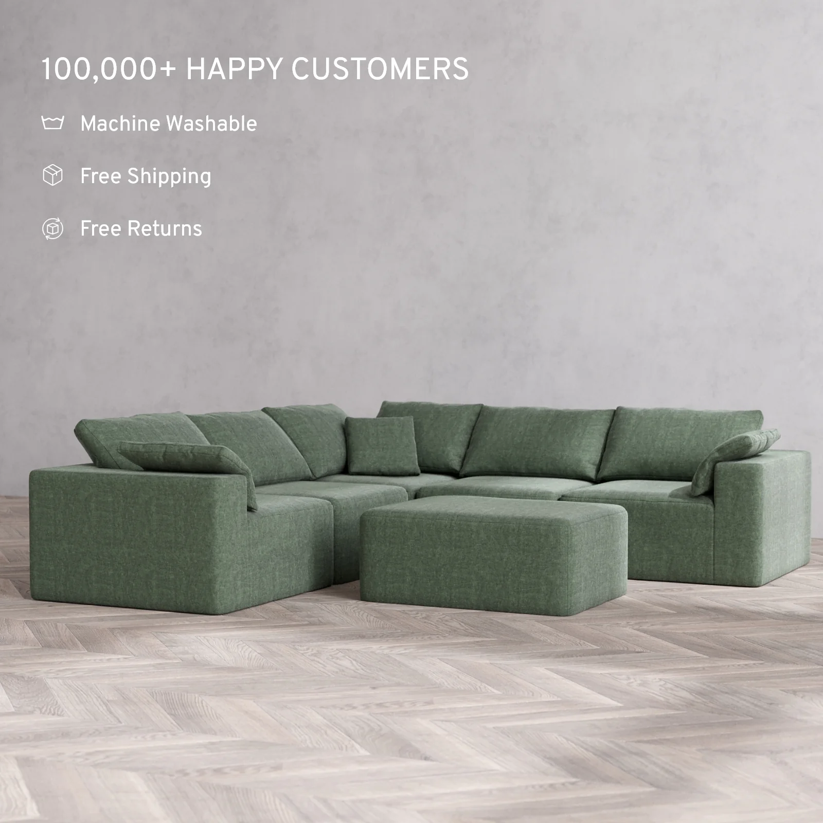 Modular Washable 5-Seater Corner Sectional + Chaise Ottoman Cloud Sofa | Heirloom Velvet in Sage - Image 2