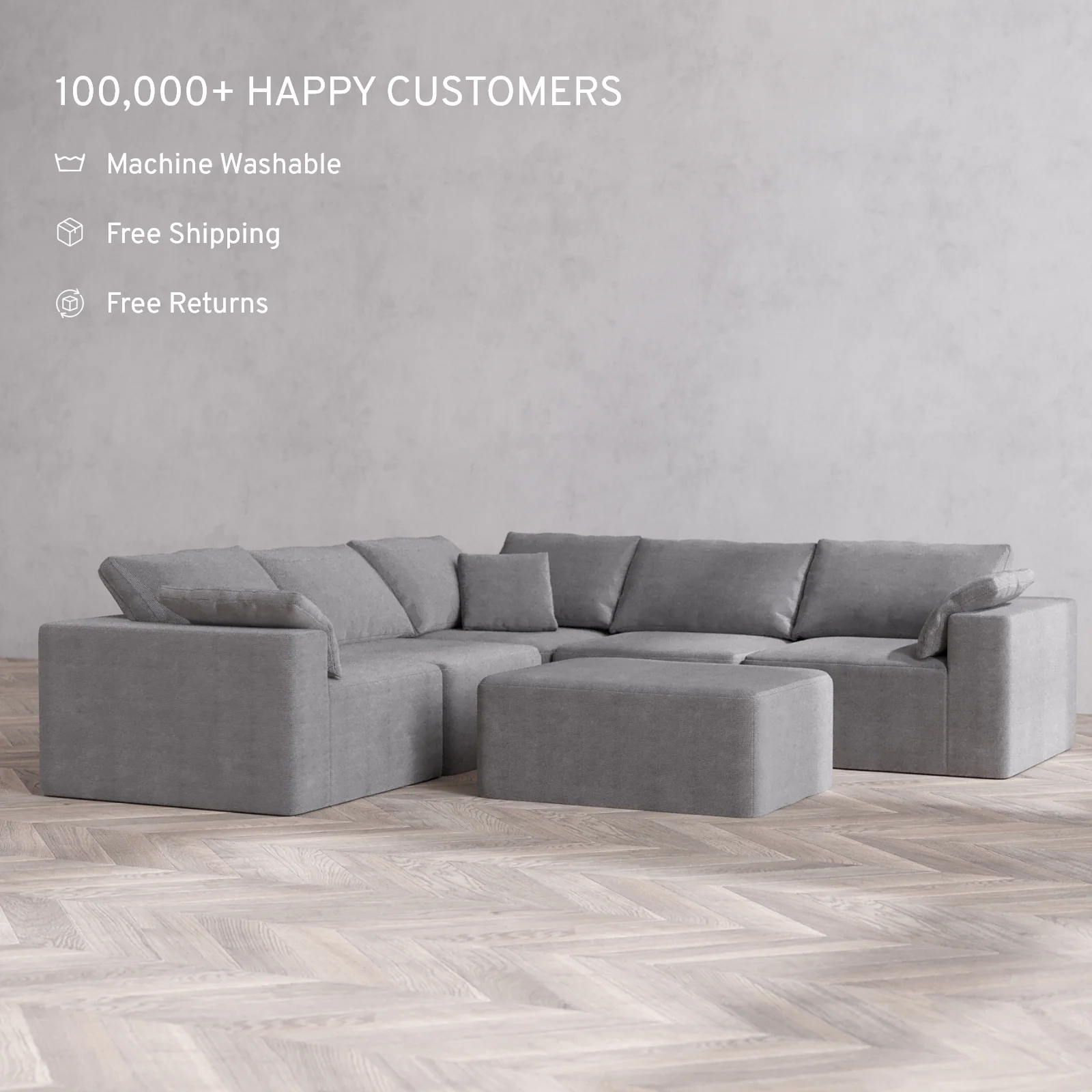 Modular Washable 5-Seater Corner Sectional + Chaise Ottoman Cloud Sofa | Lux Weave in Slate - Image 2