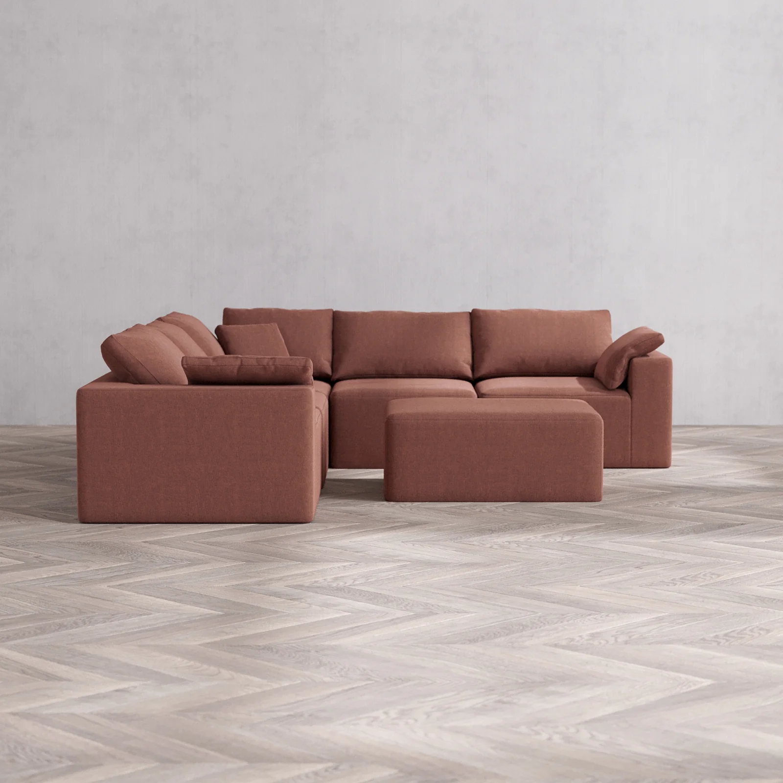 Modular Washable 5-Seater Corner Sectional + Chaise Ottoman Cloud Sofa | Heirloom Velvet in Sumac