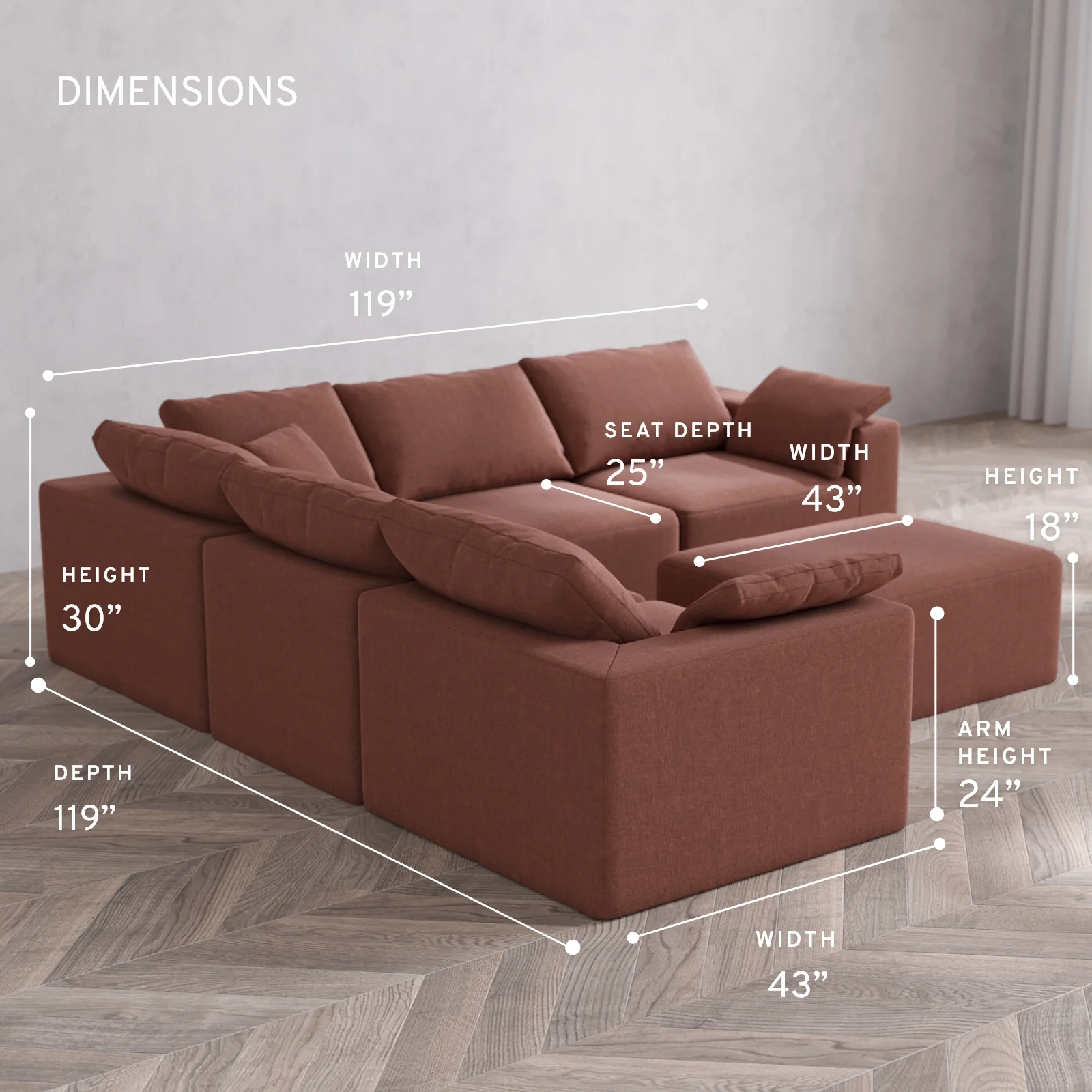 Modular Washable 5-Seater Corner Sectional + Chaise Ottoman Cloud Sofa | Heirloom Velvet in Sumac - Image 5