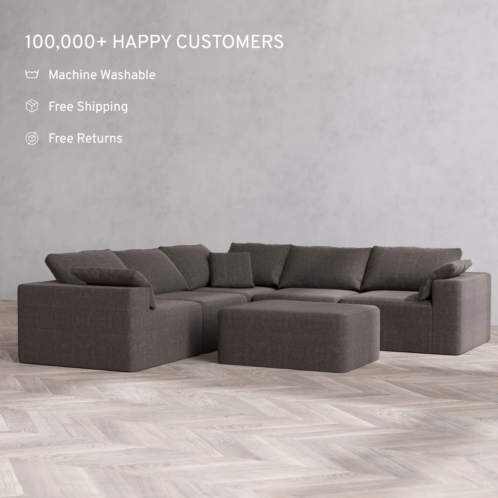Modular Washable 5-Seater Corner Sectional + Chaise Ottoman Cloud Sofa | Heirloom Velvet in Truffle - Image 2