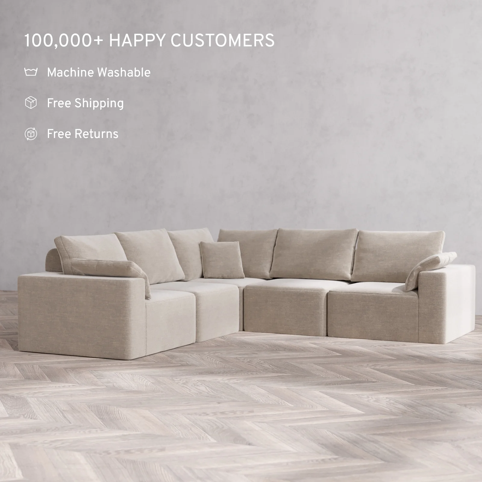 Modular Washable 5-Seater Corner Sectional Cloud + Bolster Sofa | Satin Velvet in Caraway - Image 2