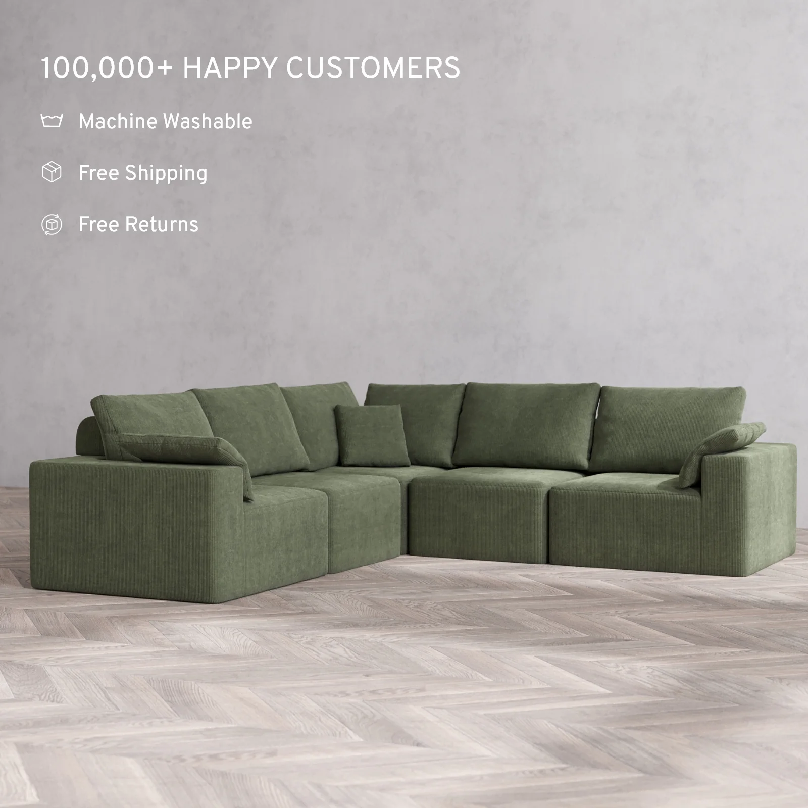 Modular Washable 5-Seater Corner Sectional Cloud + Bolster Sofa | Luxe Corduroy in Juniper - Image 2