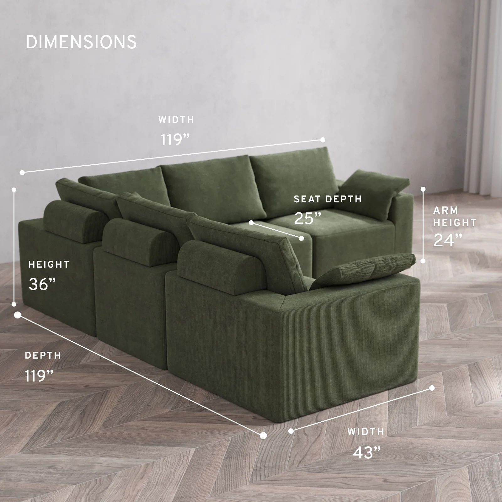 Modular Washable 5-Seater Corner Sectional Cloud + Bolster Sofa | Luxe Corduroy in Juniper - Image 5
