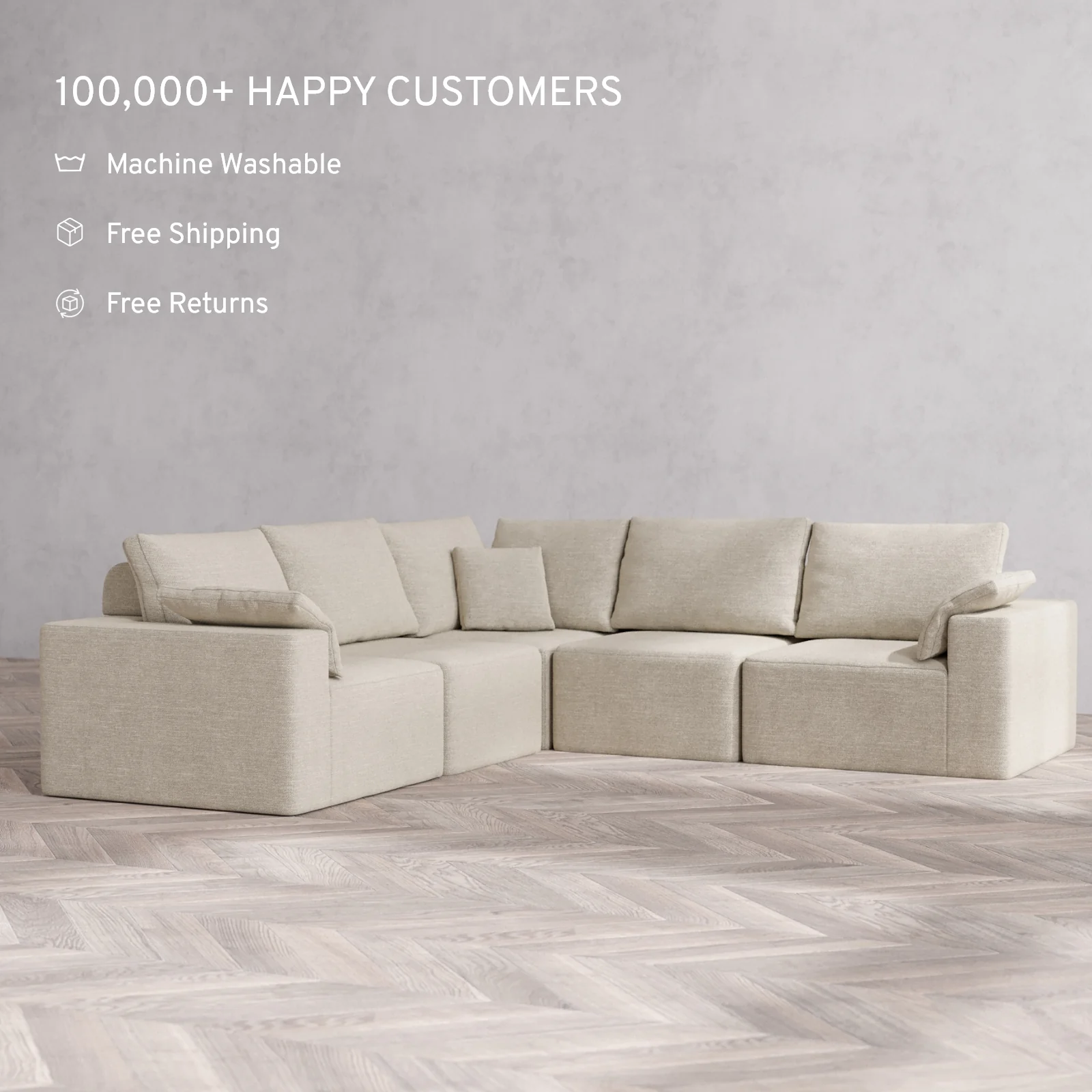 Modular Washable 5-Seater Corner Sectional Cloud + Bolster Sofa | Plush Twill in Sandstone - Image 2