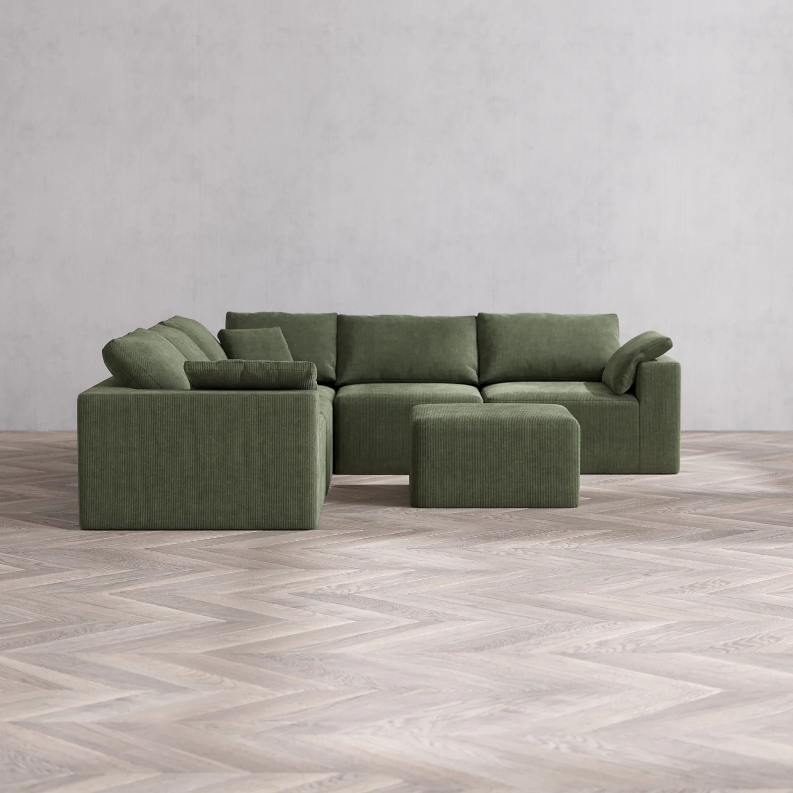 Modular Washable 5-Seater Corner Sectional + Ottoman Cloud Sofa | Luxe Corduroy in Juniper