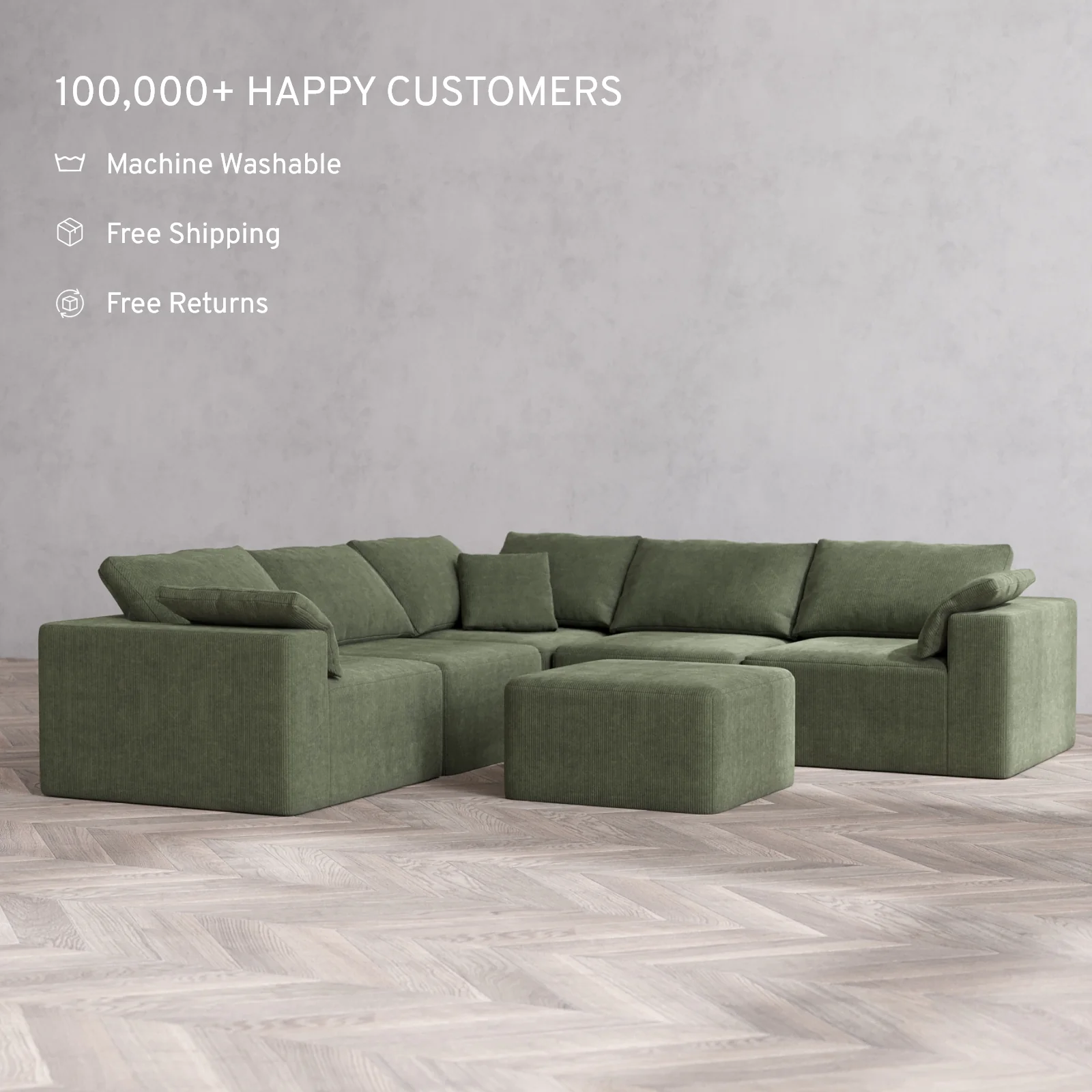 Modular Washable 5-Seater Corner Sectional + Ottoman Cloud Sofa | Luxe Corduroy in Juniper - Image 2