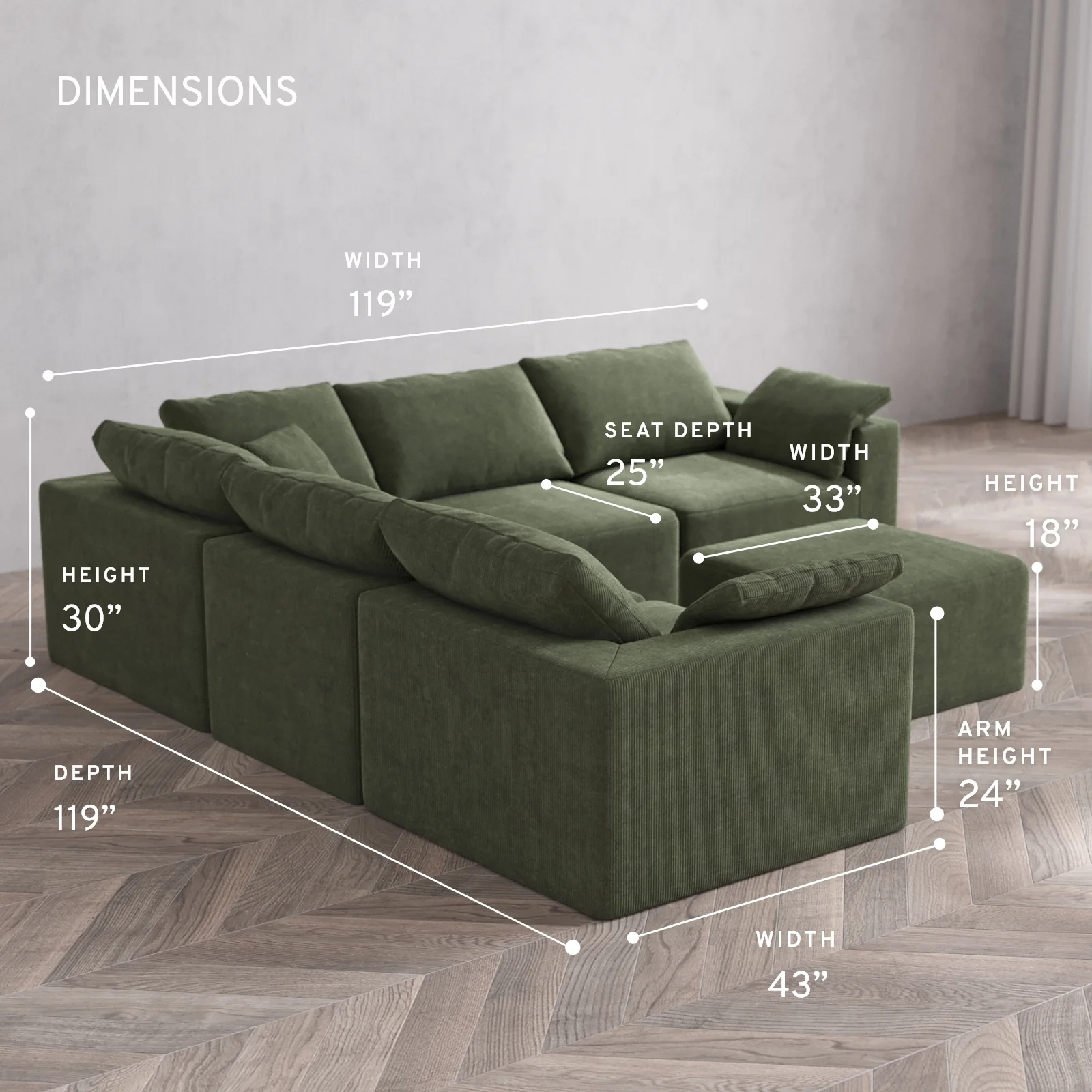 Modular Washable 5-Seater Corner Sectional + Ottoman Cloud Sofa | Luxe Corduroy in Juniper - Image 5