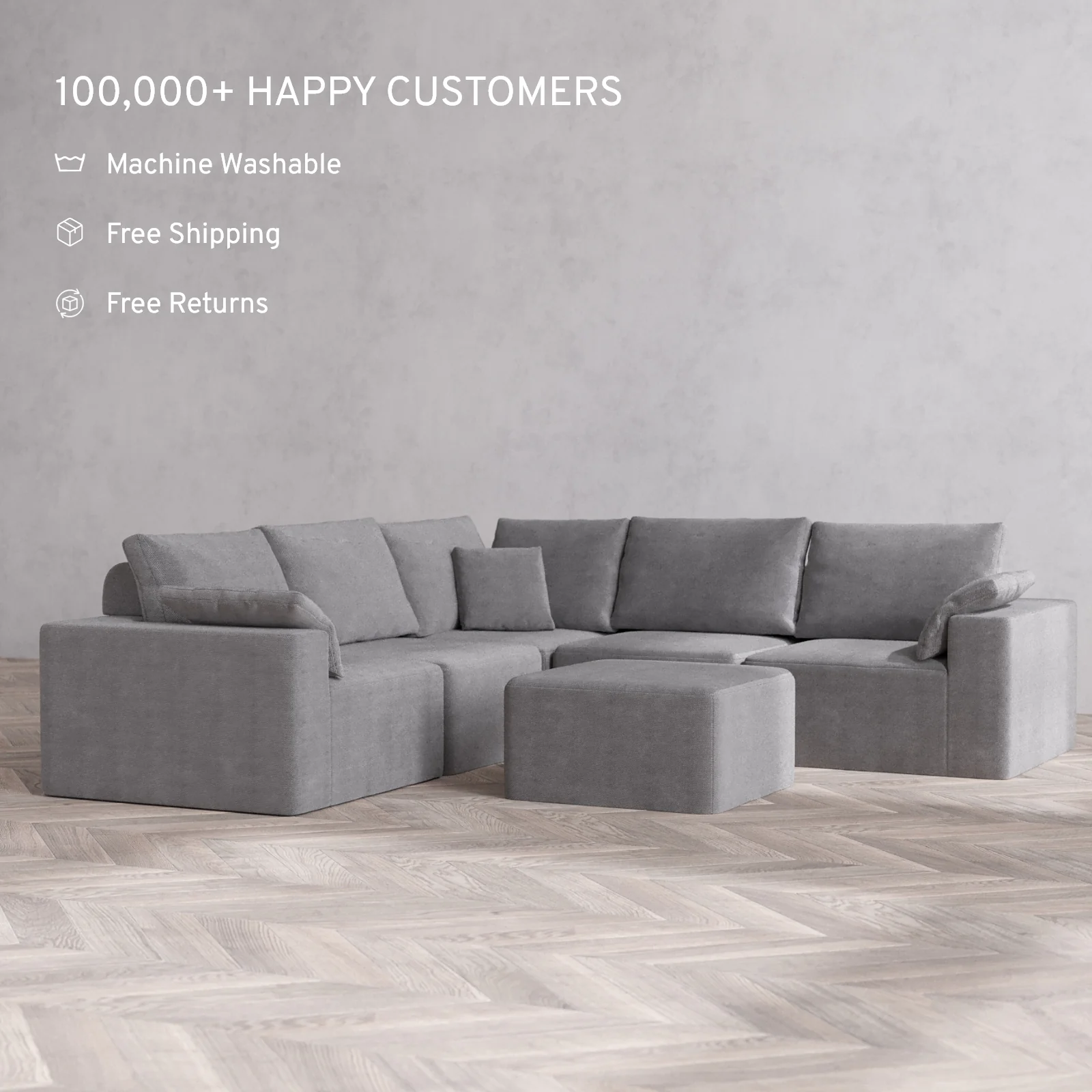 Modular Washable 5-Seater Corner Sectional + Ottoman Cloud + Bolster Sofa | Lux Weave in Slate - Image 2