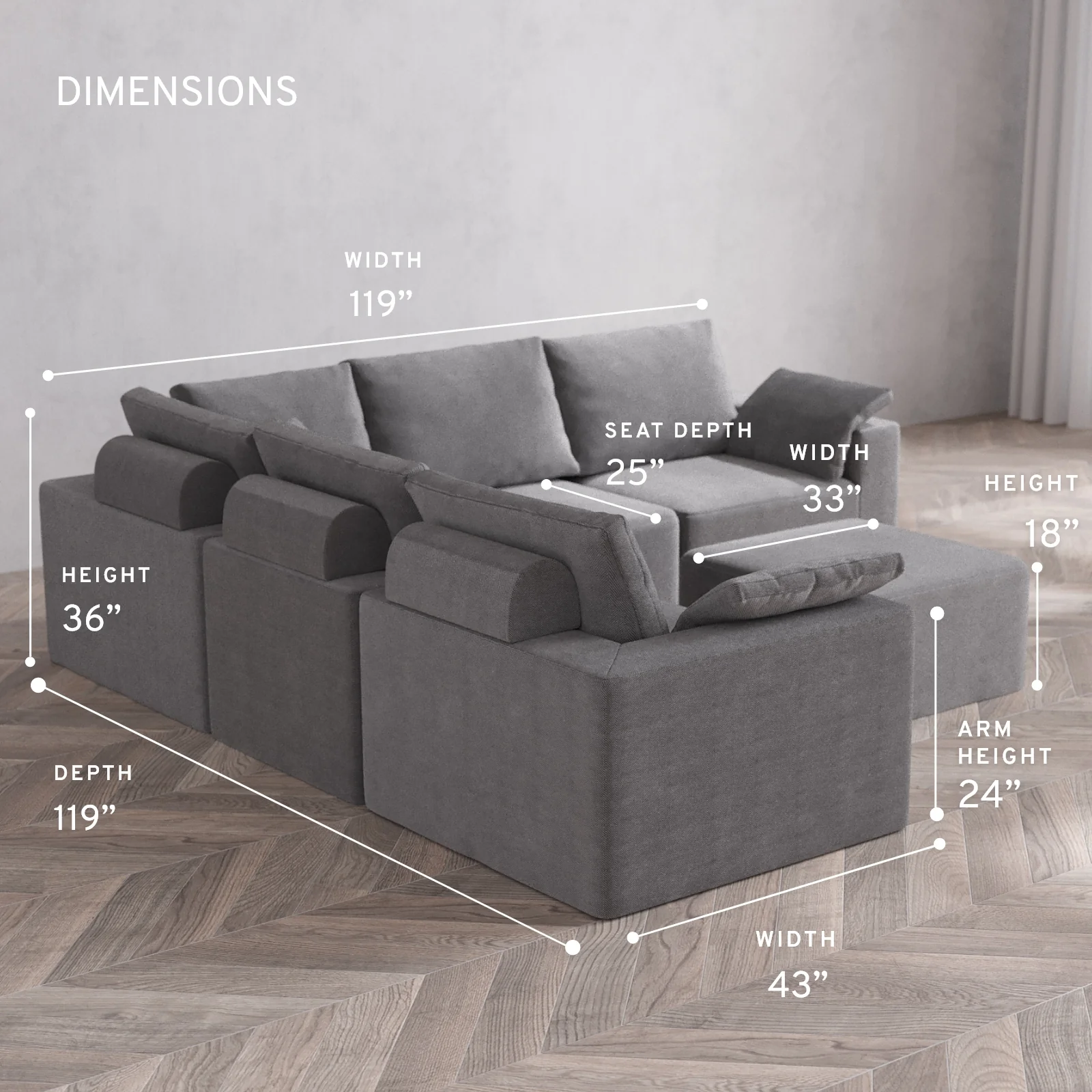 Modular Washable 5-Seater Corner Sectional + Ottoman Cloud + Bolster Sofa | Lux Weave in Slate - Image 5