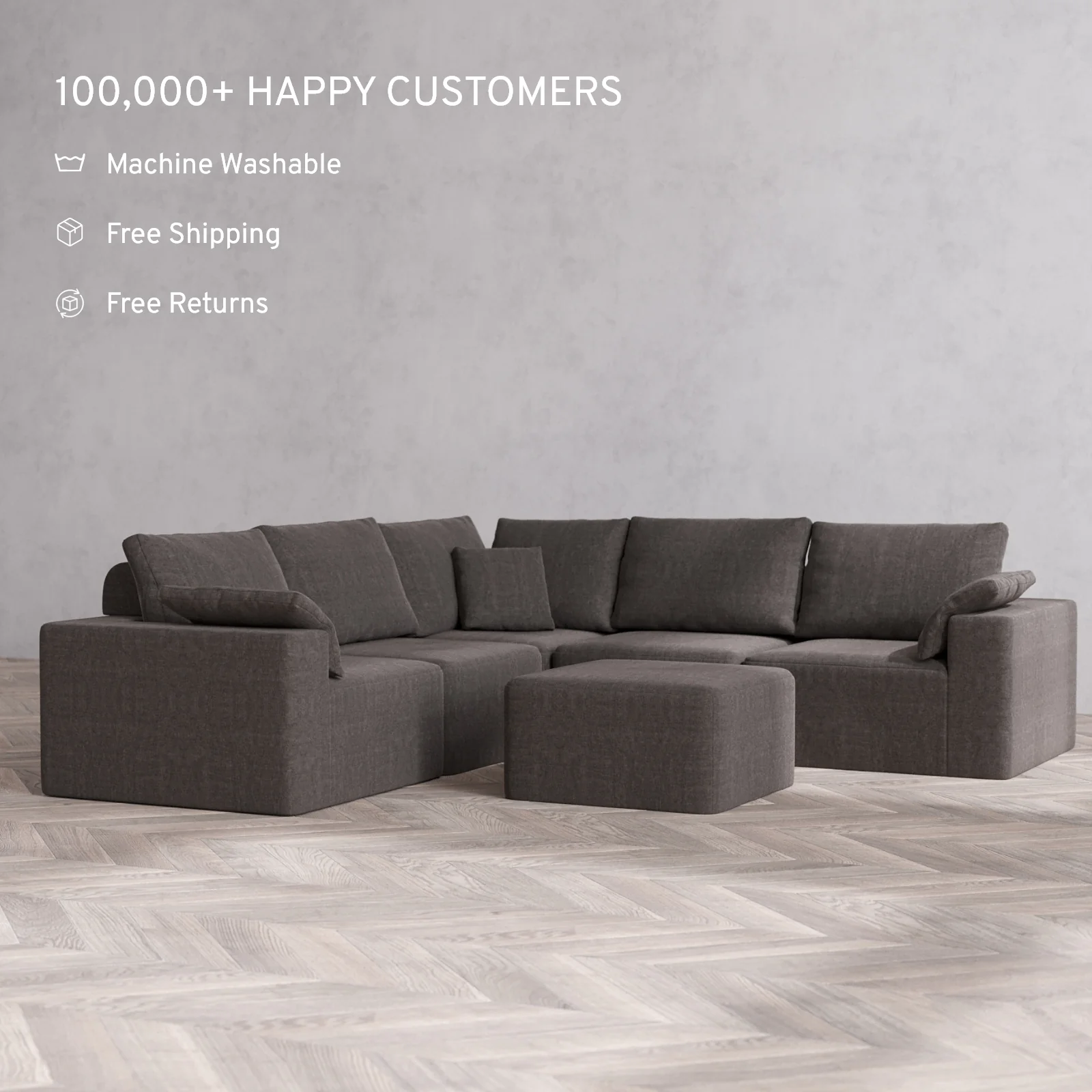 Modular Washable 5-Seater Corner Sectional + Ottoman Cloud + Bolster Sofa | Heirloom Velvet in Truffle - Image 2