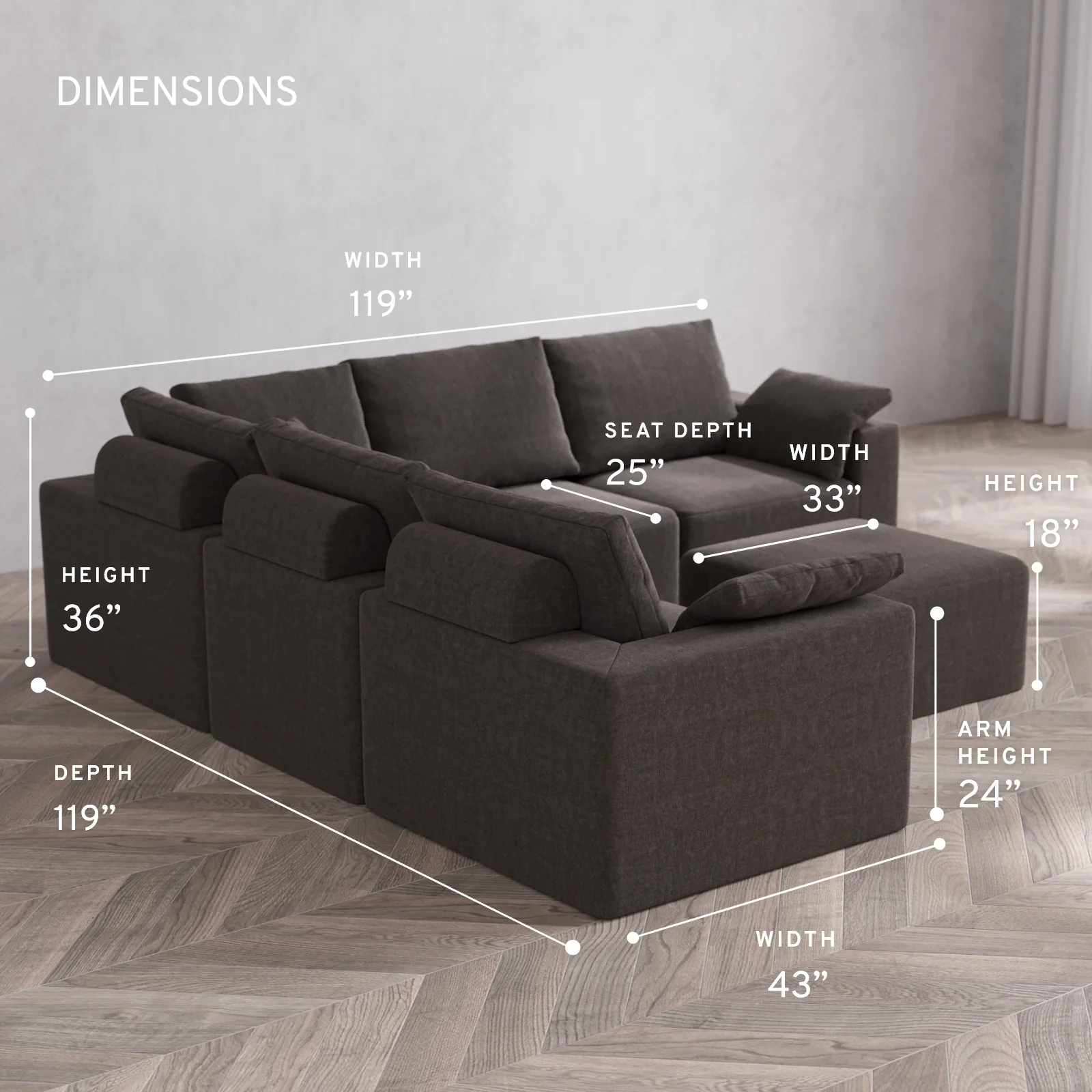 Modular Washable 5-Seater Corner Sectional + Ottoman Cloud + Bolster Sofa | Heirloom Velvet in Truffle - Image 5