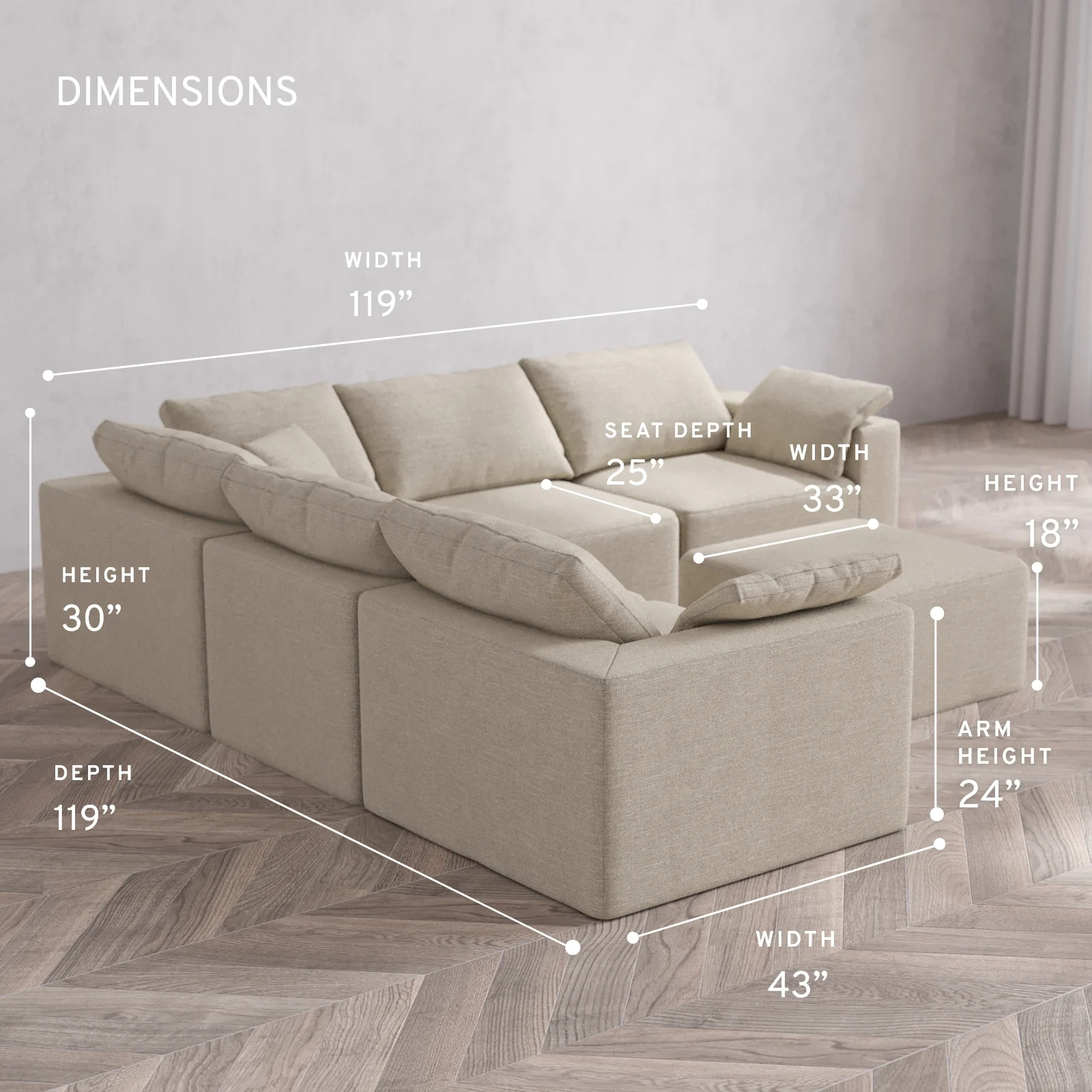 Modular Washable 5-Seater Corner Sectional + Ottoman Cloud Sofa | Plush Twill in Sandstone - Image 5
