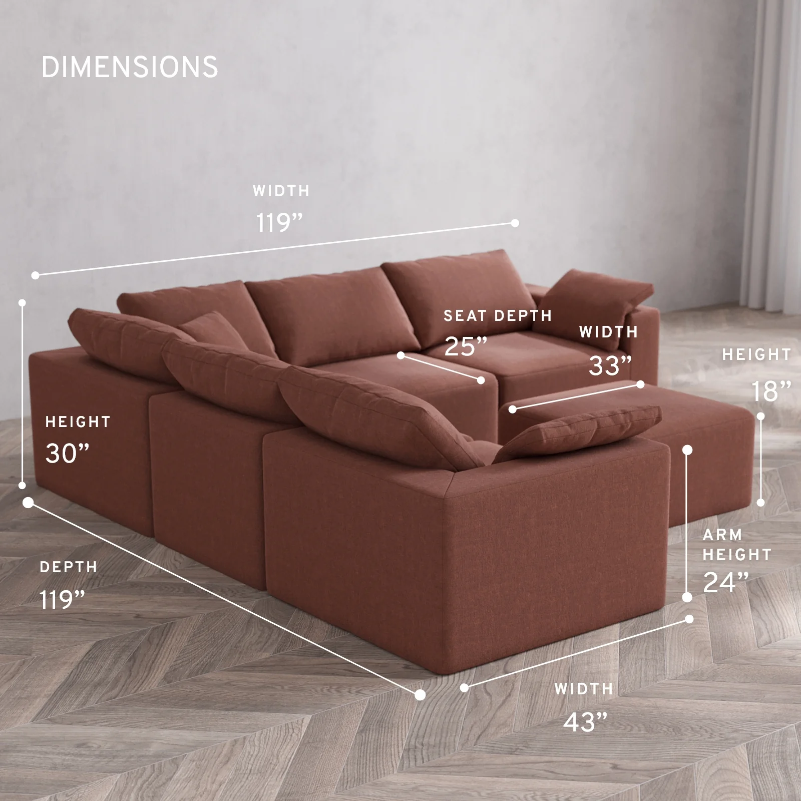 Modular Washable 5-Seater Corner Sectional + Ottoman Cloud Sofa | Heirloom Velvet in Sumac - Image 5