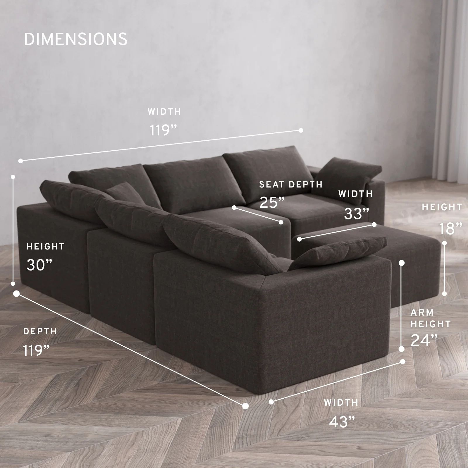 Modular Washable 5-Seater Corner Sectional + Ottoman Cloud Sofa | Heirloom Velvet in Truffle - Image 5