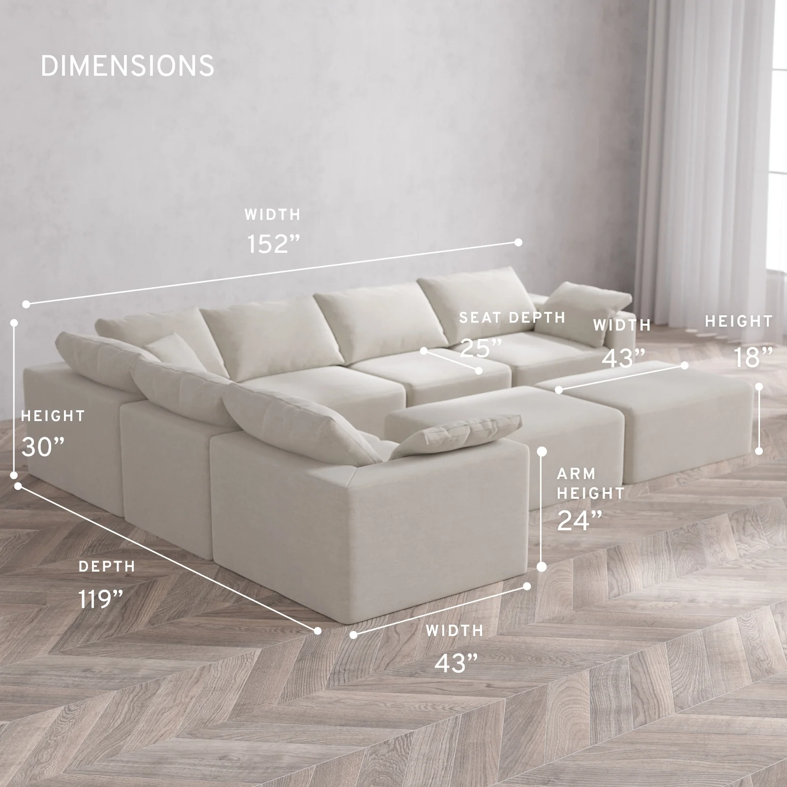 Modular Washable 6-Seater Corner Sectional + Chaise Ottoman Bench Cloud Sofa | Satin Velvet in Cashew - Image 5