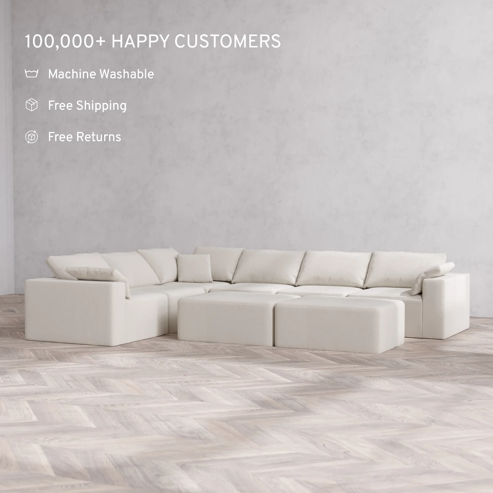 Modular Washable 6-Seater Corner Sectional + Chaise Ottoman Bench Cloud Sofa | Lux Weave in Pearl - Image 2