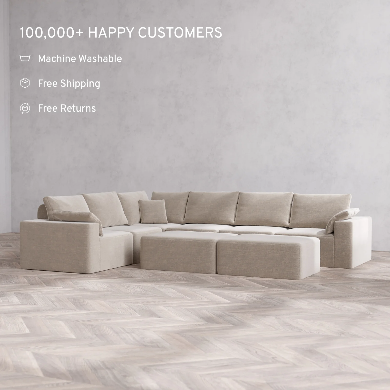 Modular Washable 6-Seater Corner Sectional + Chaise Ottoman Bench Cloud + Bolster Sofa | Satin Velvet in Caraway - Image 2