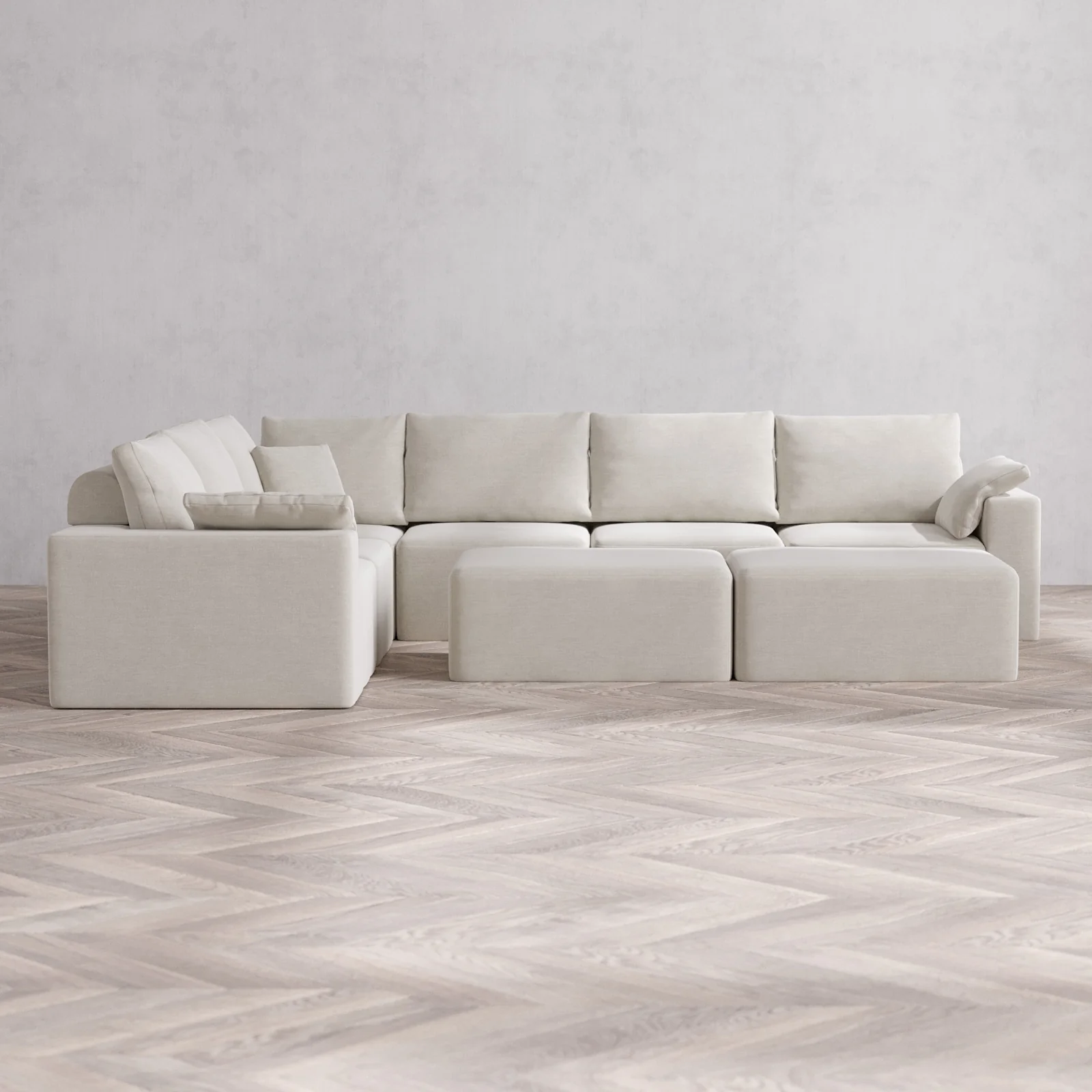 Modular Washable 6-Seater Corner Sectional + Chaise Ottoman Bench Cloud + Bolster Sofa | Satin Velvet in Cashew
