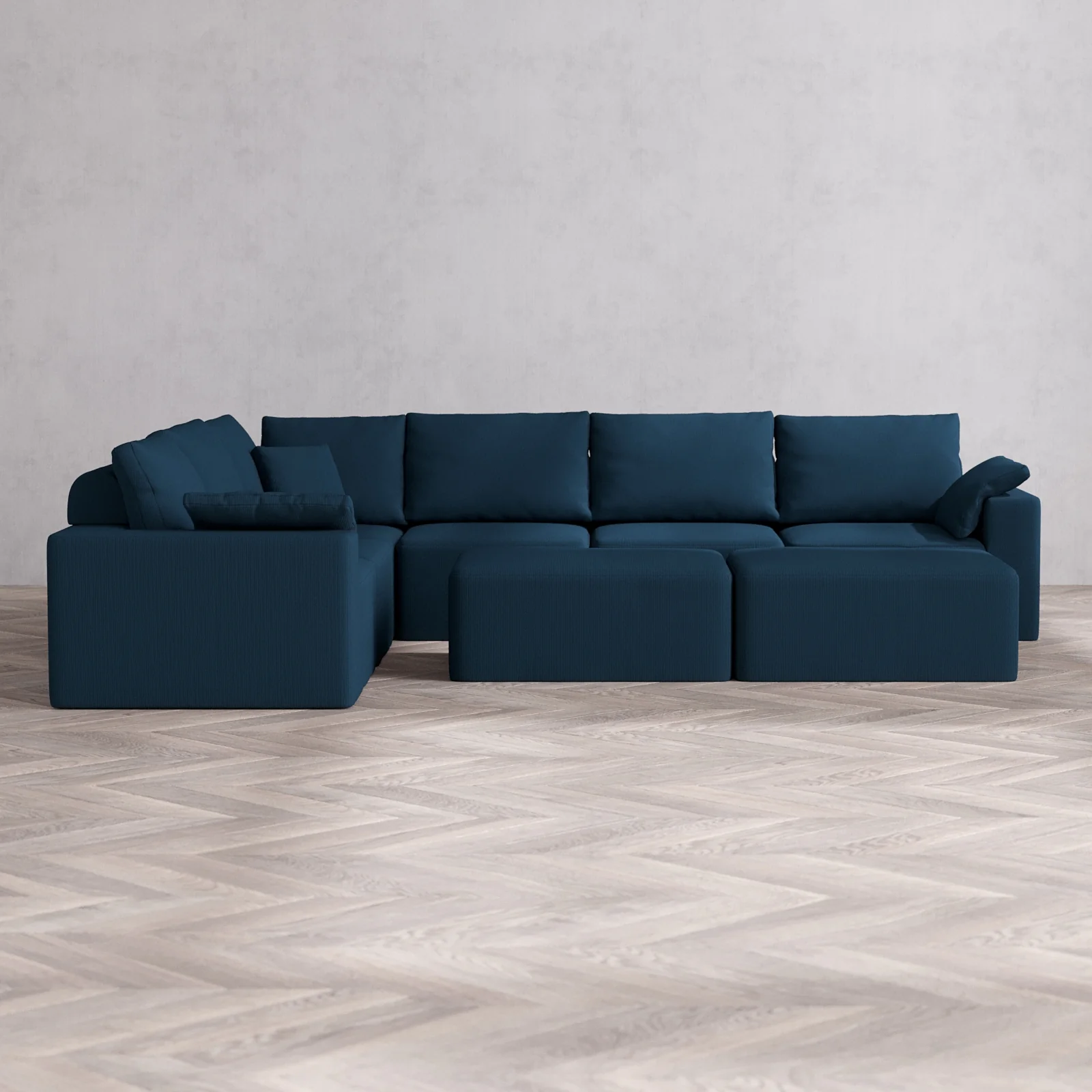 Modular Washable 6-Seater Corner Sectional + Chaise Ottoman Bench Cloud + Bolster Sofa | Arden Weave in Lazuli