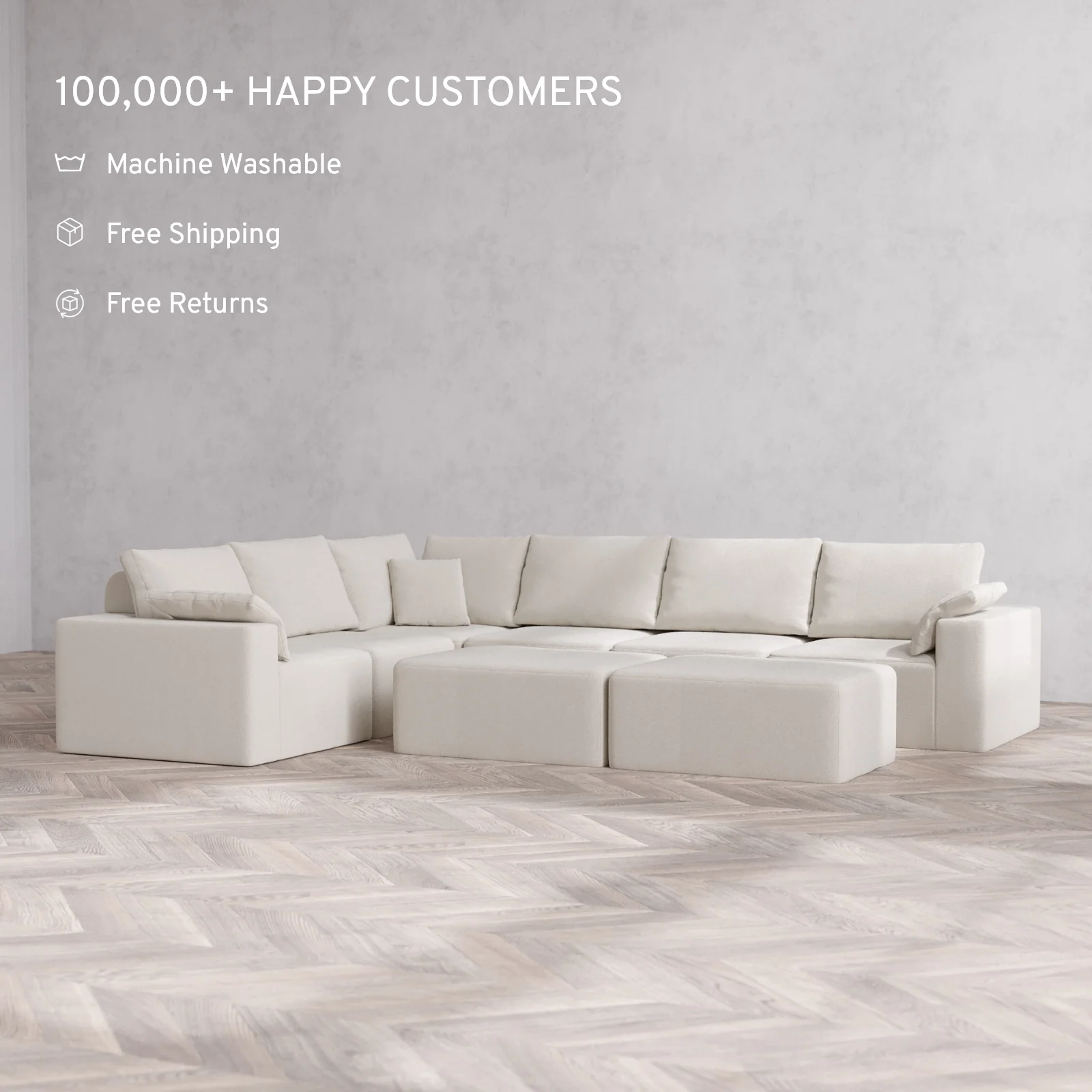 Modular Washable 6-Seater Corner Sectional + Chaise Ottoman Bench Cloud + Bolster Sofa | Lux Weave in Pearl - Image 2