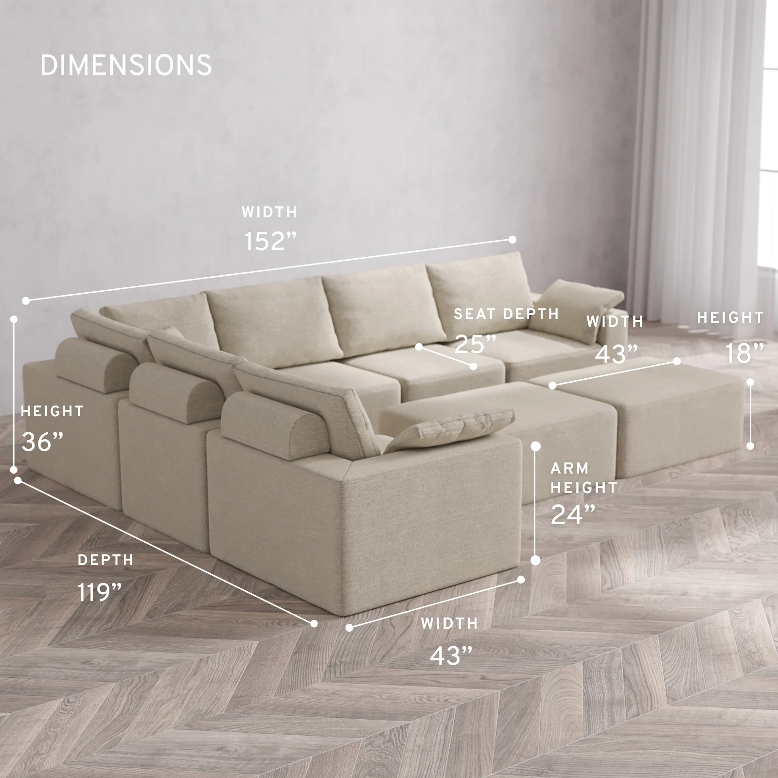 Modular Washable 6-Seater Corner Sectional + Chaise Ottoman Bench Cloud + Bolster Sofa | Plush Twill in Sandstone - Image 5