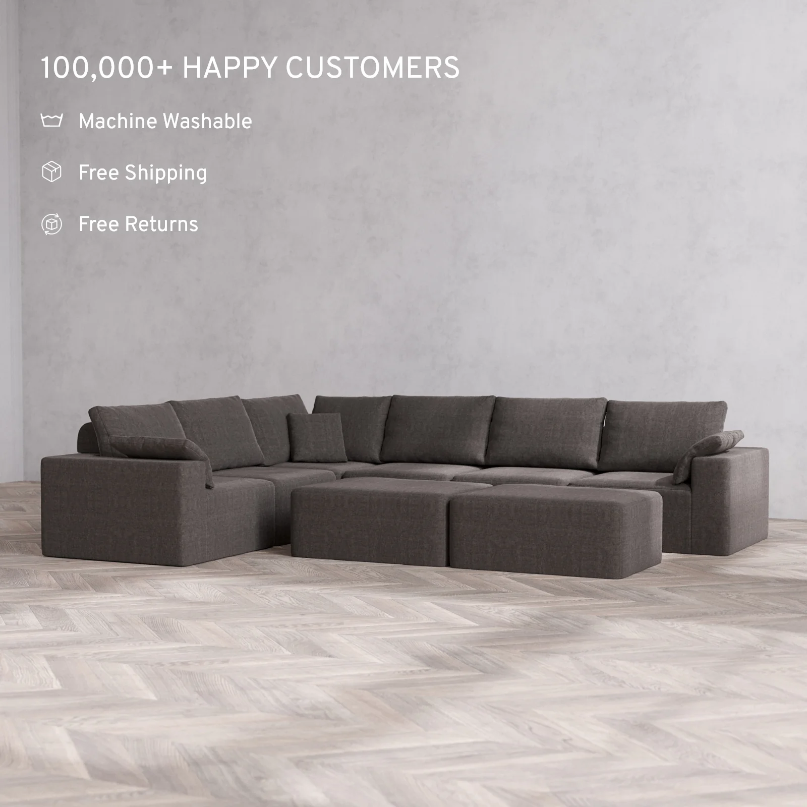 Modular Washable 6-Seater Corner Sectional + Chaise Ottoman Bench Cloud + Bolster Sofa | Heirloom Velvet in Truffle - Image 2