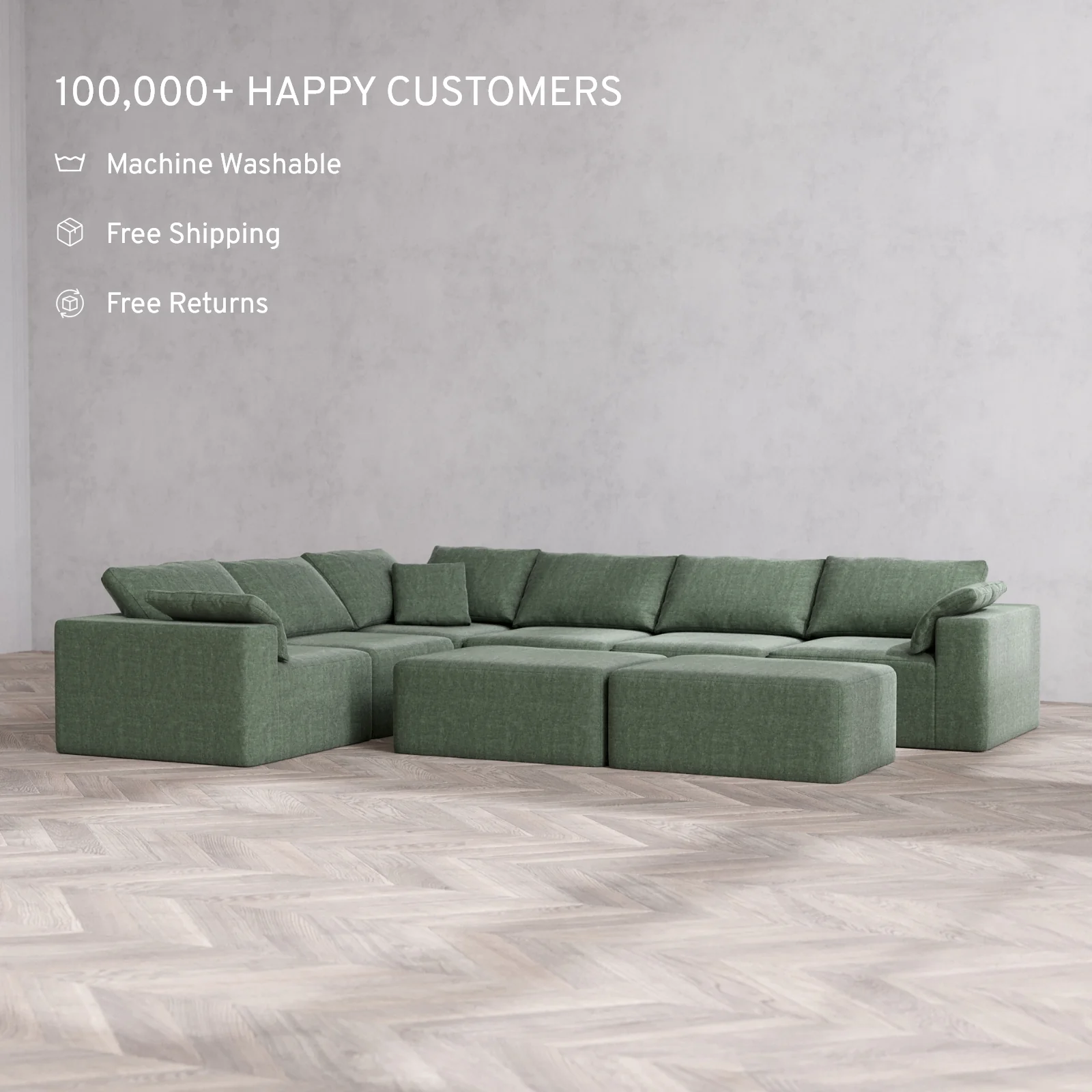 Modular Washable 6-Seater Corner Sectional + Chaise Ottoman Bench Cloud Sofa | Heirloom Velvet in Sage - Image 2