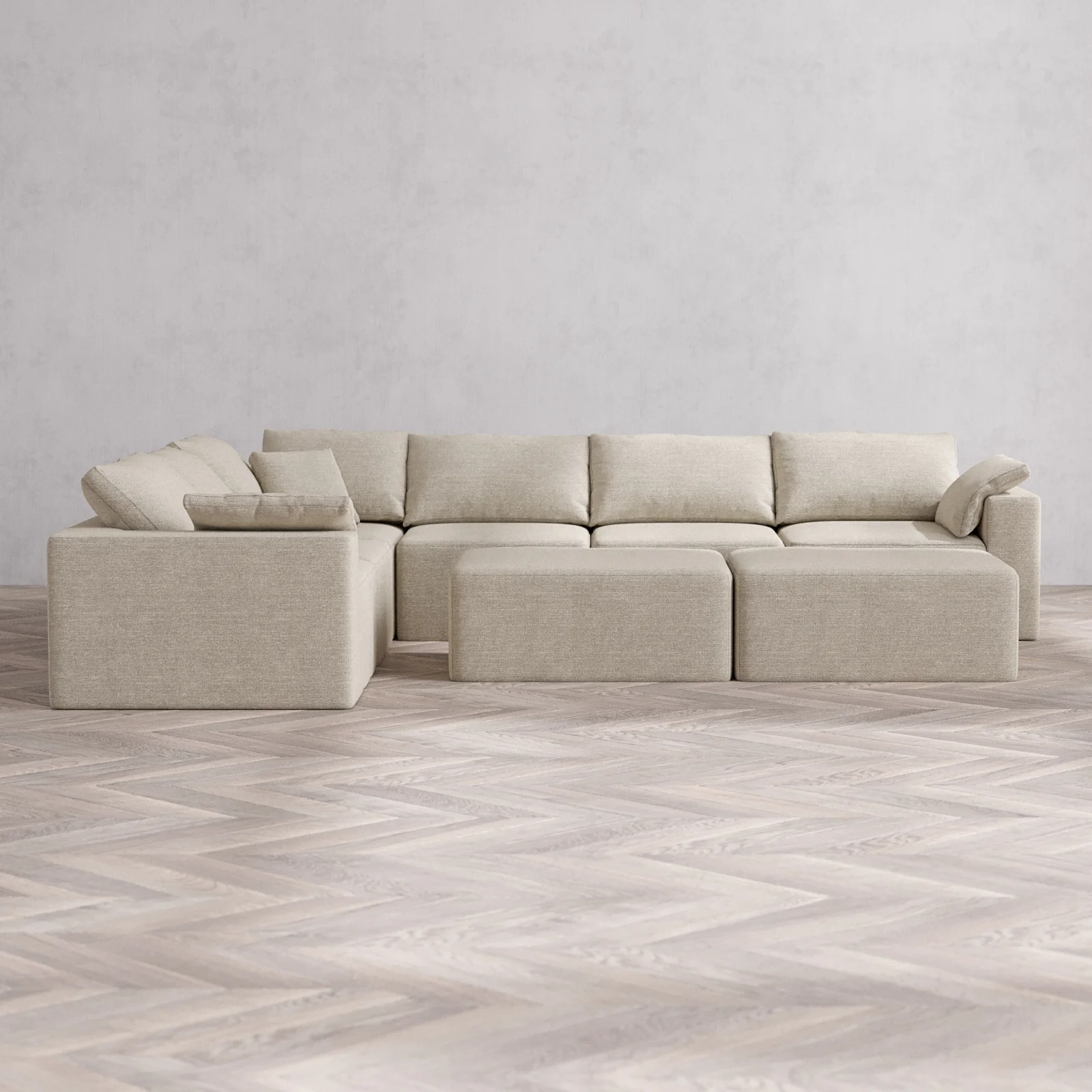 Modular Washable 6-Seater Corner Sectional + Chaise Ottoman Bench Cloud Sofa | Plush Twill in Sandstone