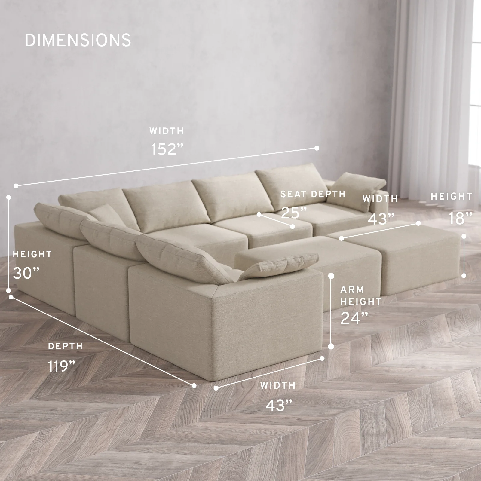 Modular Washable 6-Seater Corner Sectional + Chaise Ottoman Bench Cloud Sofa | Plush Twill in Sandstone - Image 5