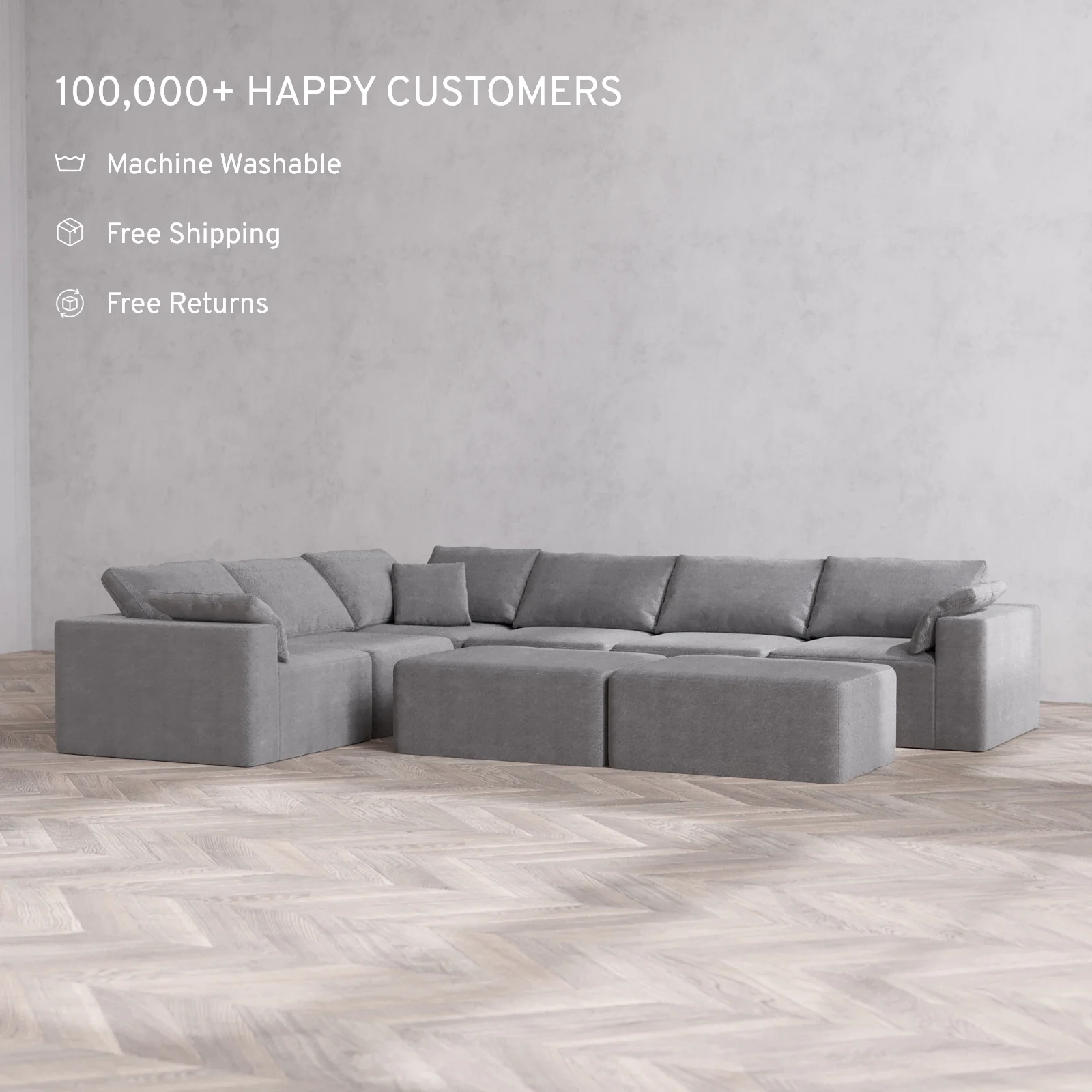 Modular Washable 6-Seater Corner Sectional + Chaise Ottoman Bench Cloud Sofa | Lux Weave in Slate - Image 2