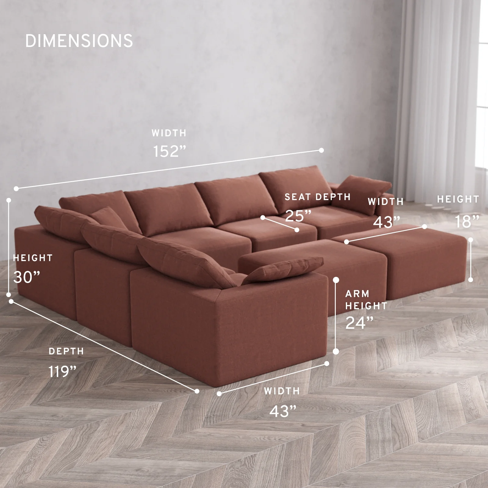 Modular Washable 6-Seater Corner Sectional + Chaise Ottoman Bench Cloud Sofa | Heirloom Velvet in Sumac - Image 5