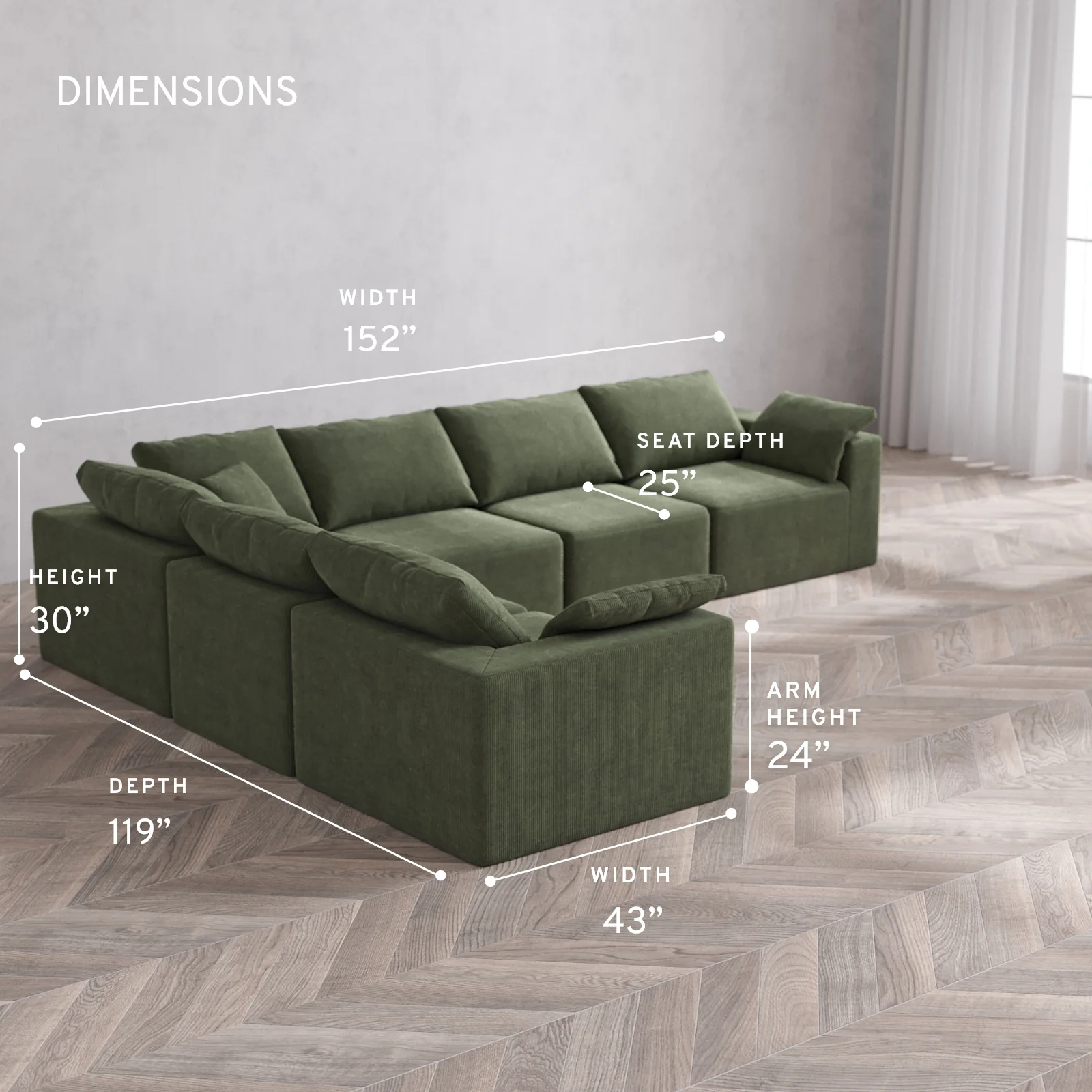 Modular Washable 6-Seater Corner Sectional Cloud Sofa | Luxe Corduroy in Juniper - Image 5