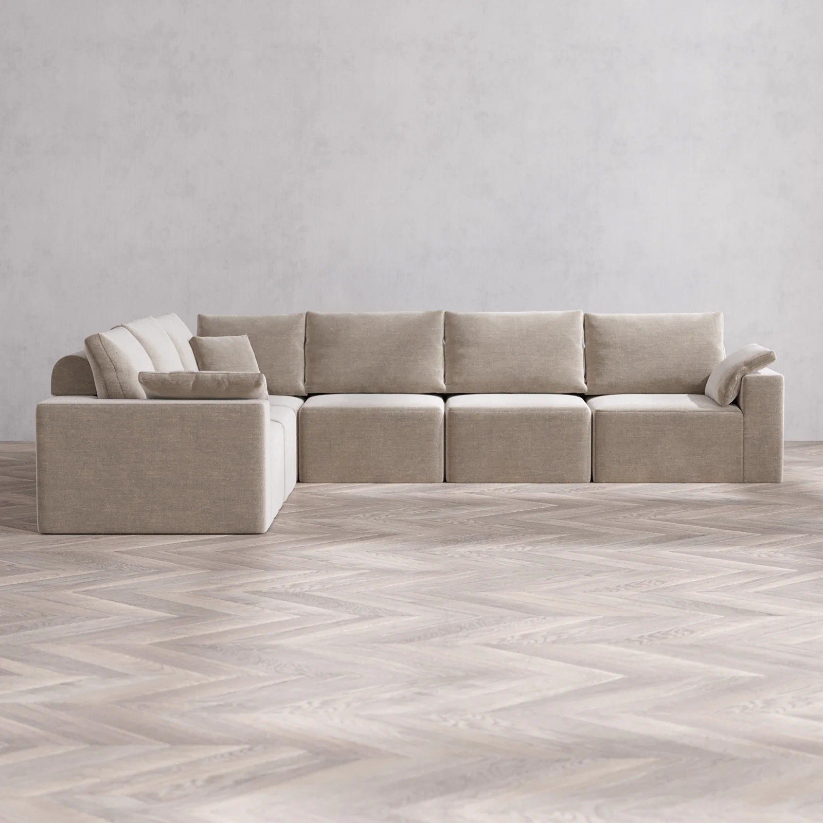 Modular Washable 6-Seater Corner Sectional Cloud + Bolster Sofa | Satin Velvet in Caraway