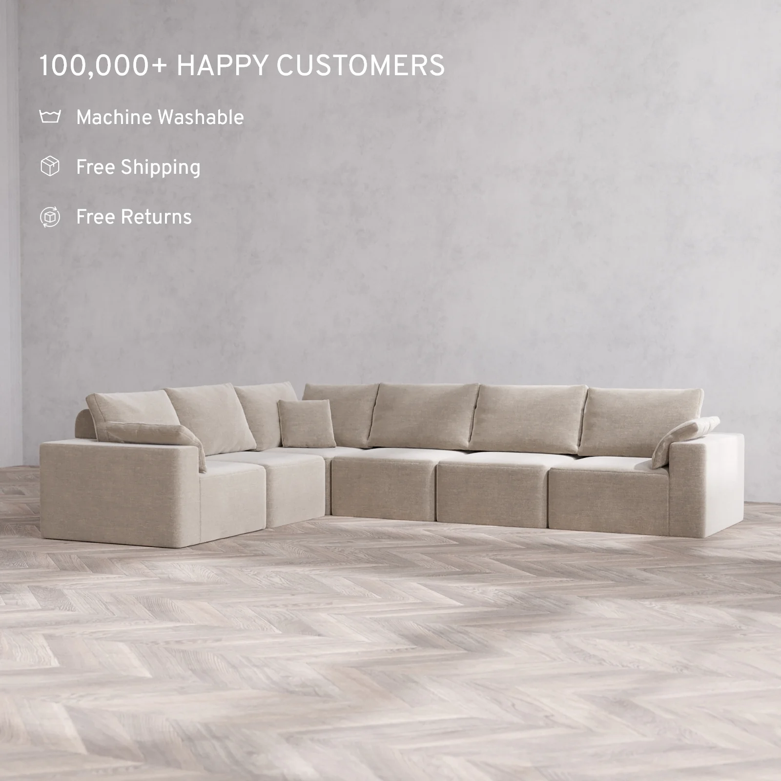 Modular Washable 6-Seater Corner Sectional Cloud + Bolster Sofa | Satin Velvet in Caraway - Image 2