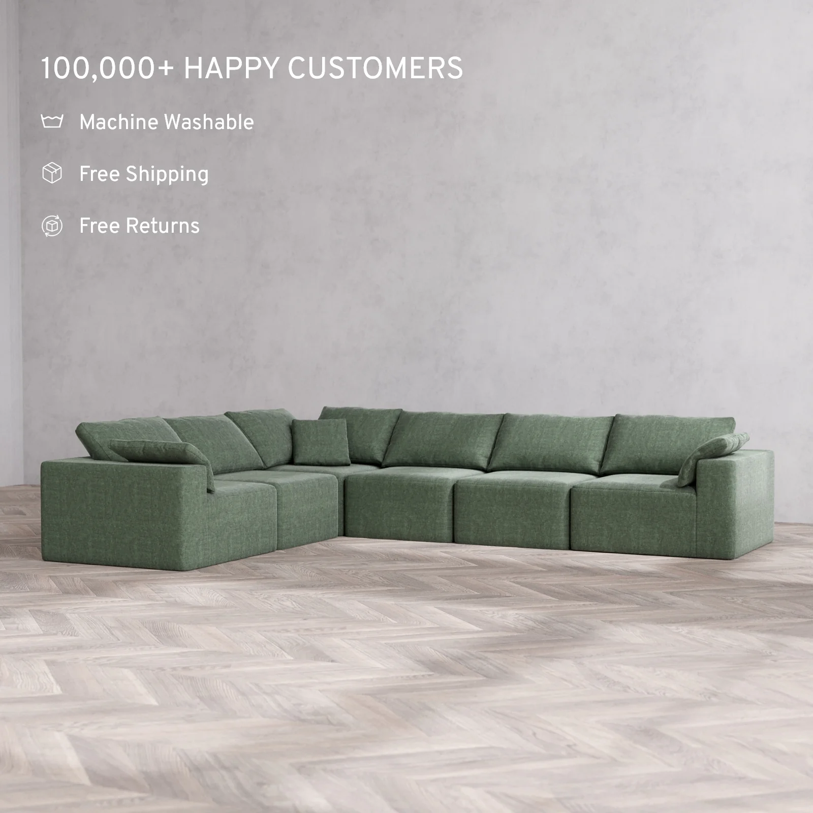 Modular Washable 6-Seater Corner Sectional Cloud Sofa | Heirloom Velvet in Sage - Image 2