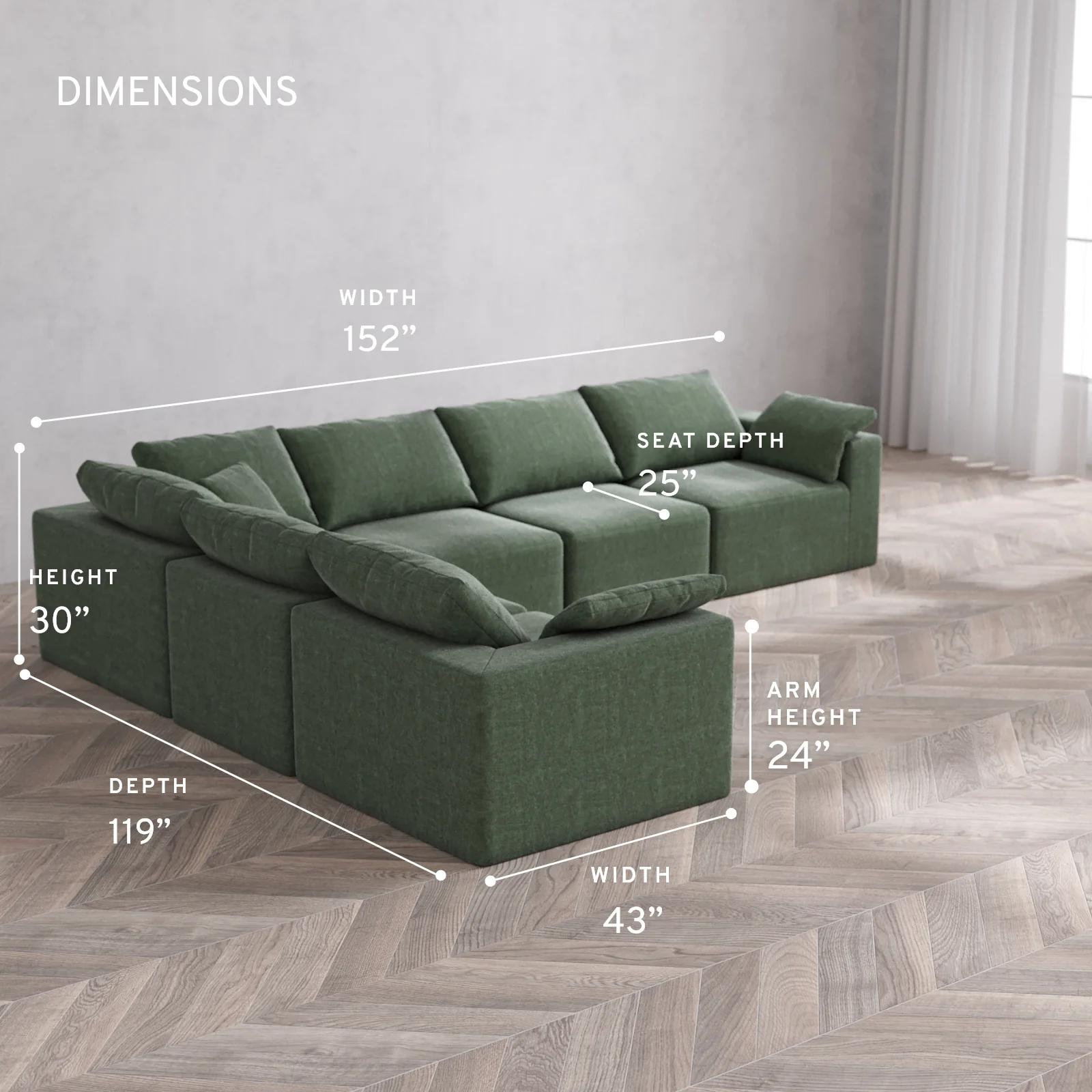 Modular Washable 6-Seater Corner Sectional Cloud Sofa | Heirloom Velvet in Sage - Image 5