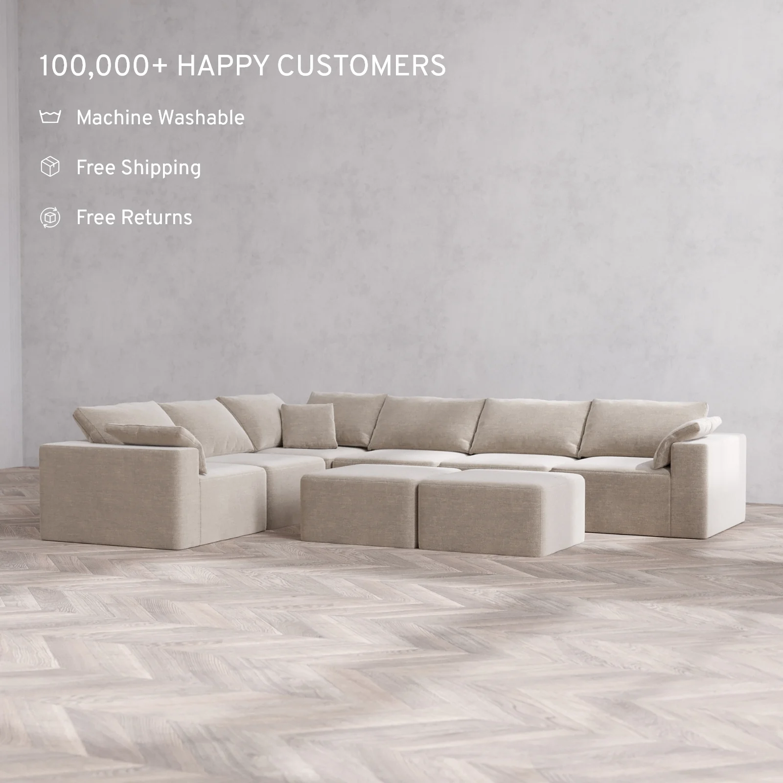 Modular Washable 6-Seater Corner Sectional + Ottoman Bench Cloud Sofa | Satin Velvet in Caraway - Image 2