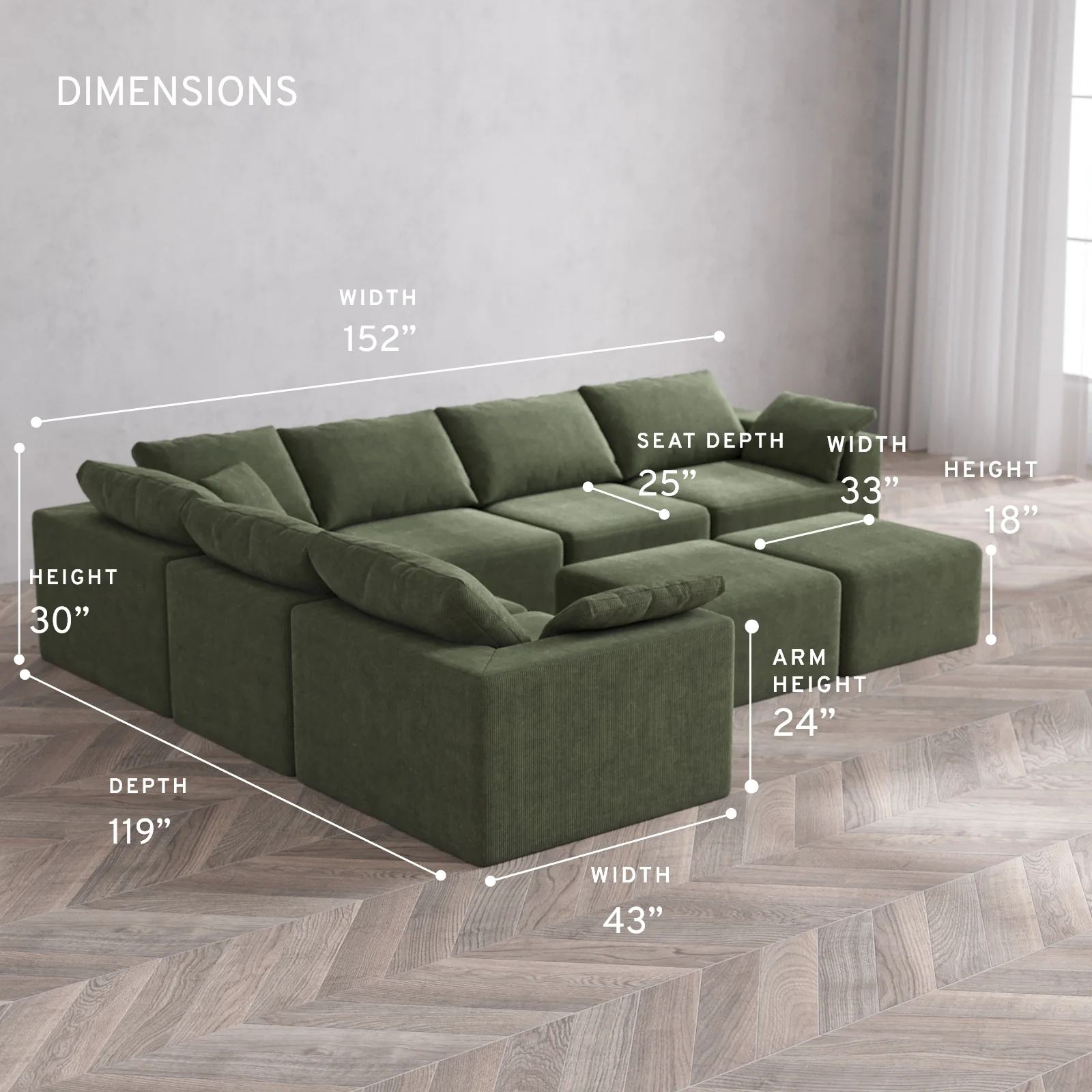 Modular Washable 6-Seater Corner Sectional + Ottoman Bench Cloud Sofa | Luxe Corduroy in Juniper - Image 5