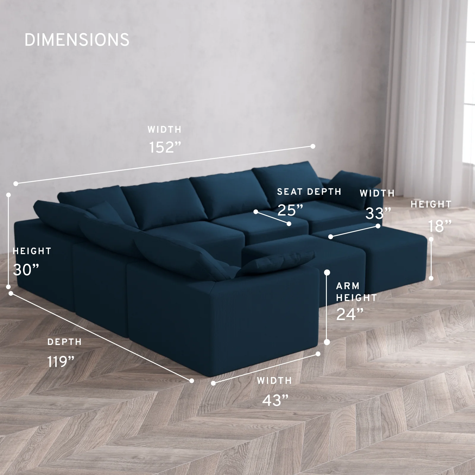 Modular Washable 6-Seater Corner Sectional + Ottoman Bench Cloud Sofa | Arden Weave in Lazuli - Image 5