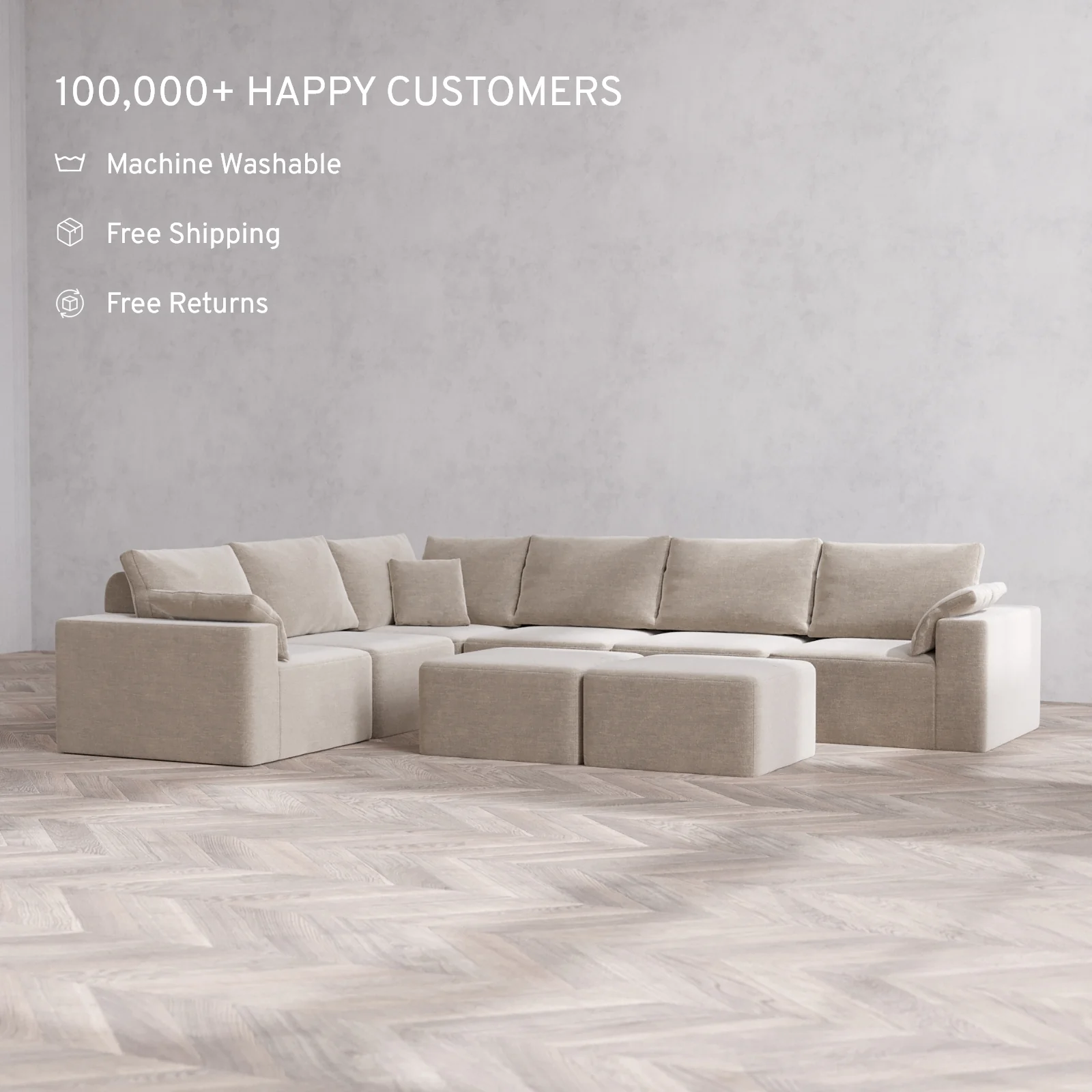Modular Washable 6-Seater Corner Sectional + Ottoman Bench Cloud + Bolster Sofa | Satin Velvet in Caraway - Image 2