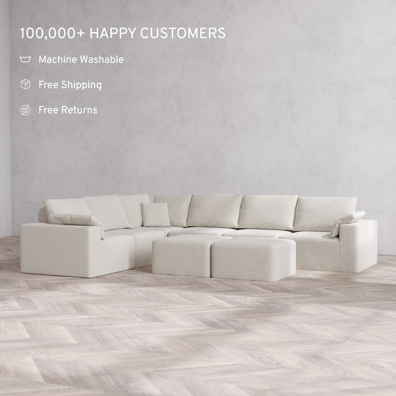 Modular Washable 6-Seater Corner Sectional + Ottoman Bench Cloud + Bolster Sofa | Satin Velvet in Cashew - Image 2